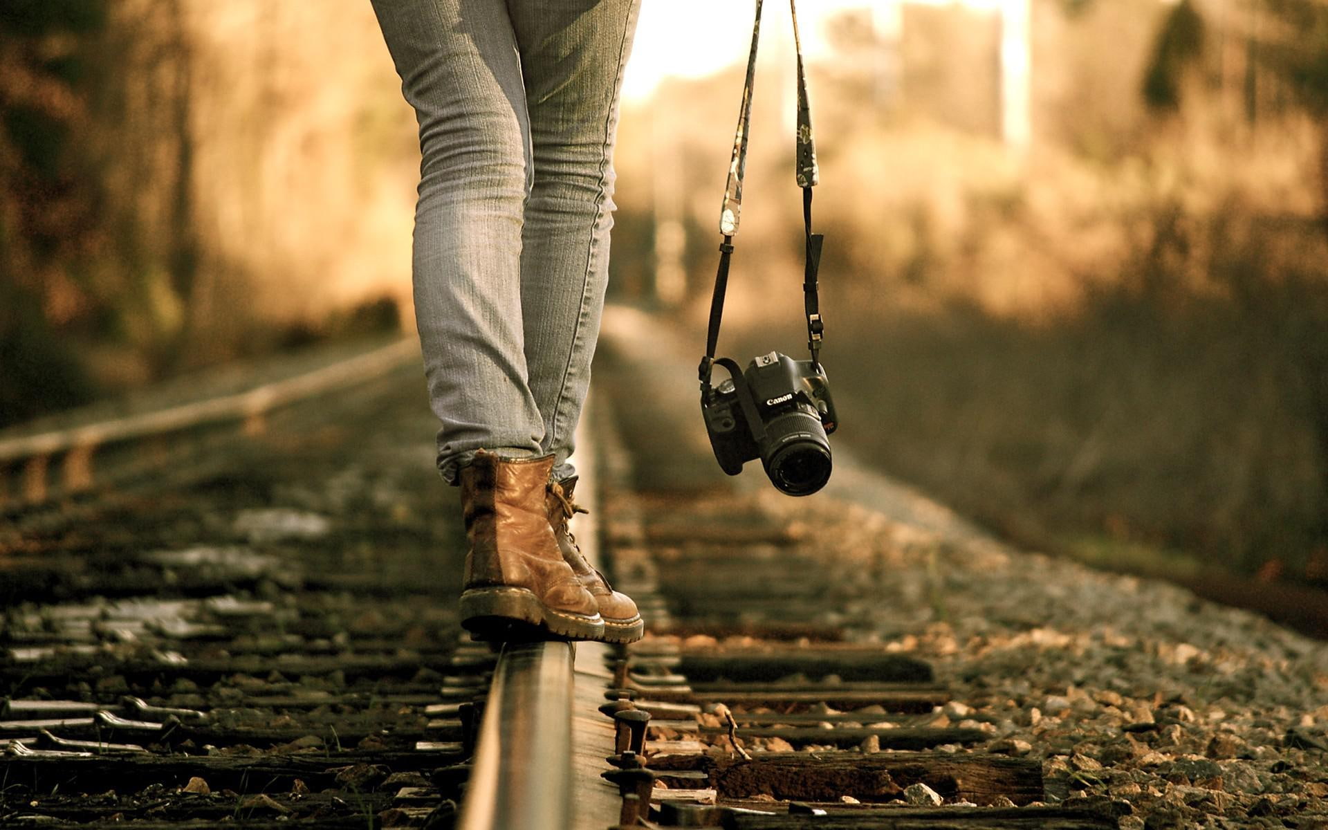 railroad, black, photography, 1920x1200, 1080P, camera, bridge, balancing, canon, HD Wallpaper