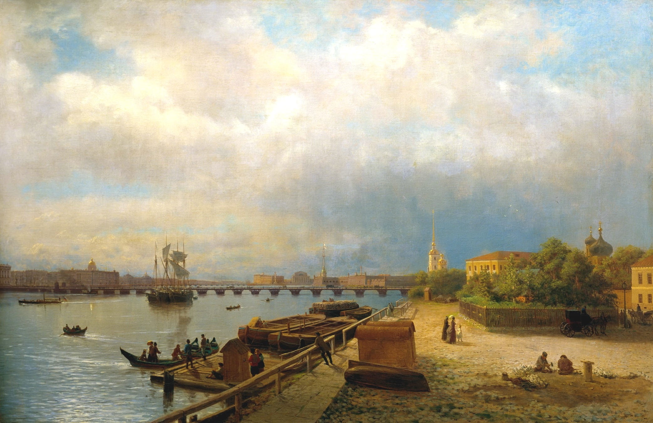 buildings, sea, church, Lev Lagorio, travel destinations, mode of transportation, art, harbor, water, bay, no people, bridge, ships, russia, pier, Painting, HD Wallpaper