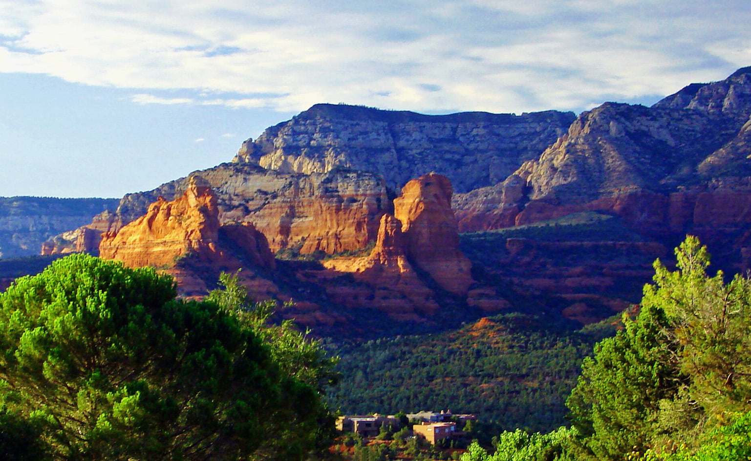 nature, rock - Object, Sandstone, Sundown, skies, mountain, Sedona, Clouds, cliff, trees, blue, 720P, az, Beauty, green leaf, photo, national Park, Sunset, HD Wallpaper