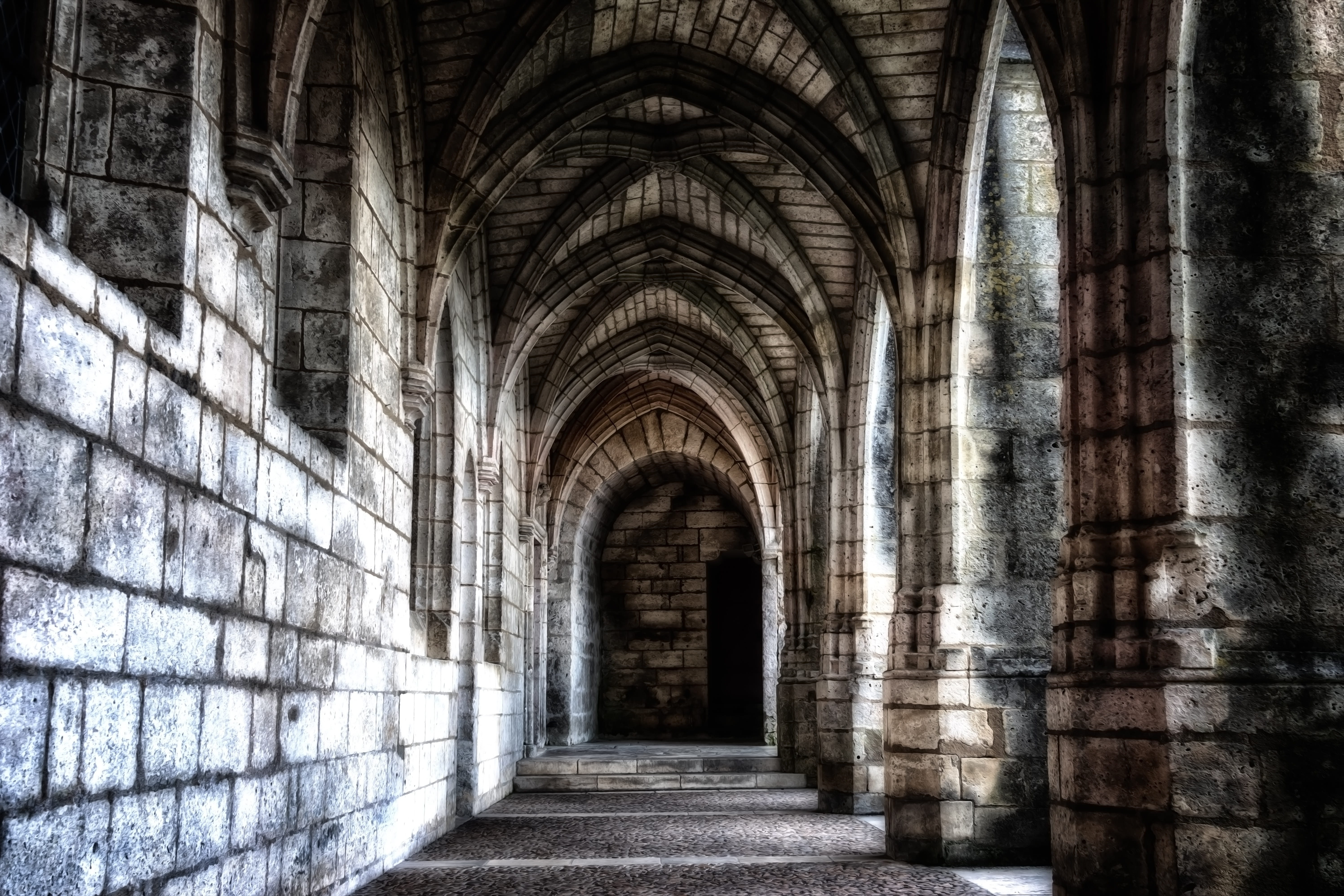 cloister, place of worship, middle ages, corridor, france, no people, day, brantome, gothic style, arch, mystical, the past, historically, chapel, indoors, HD Wallpaper