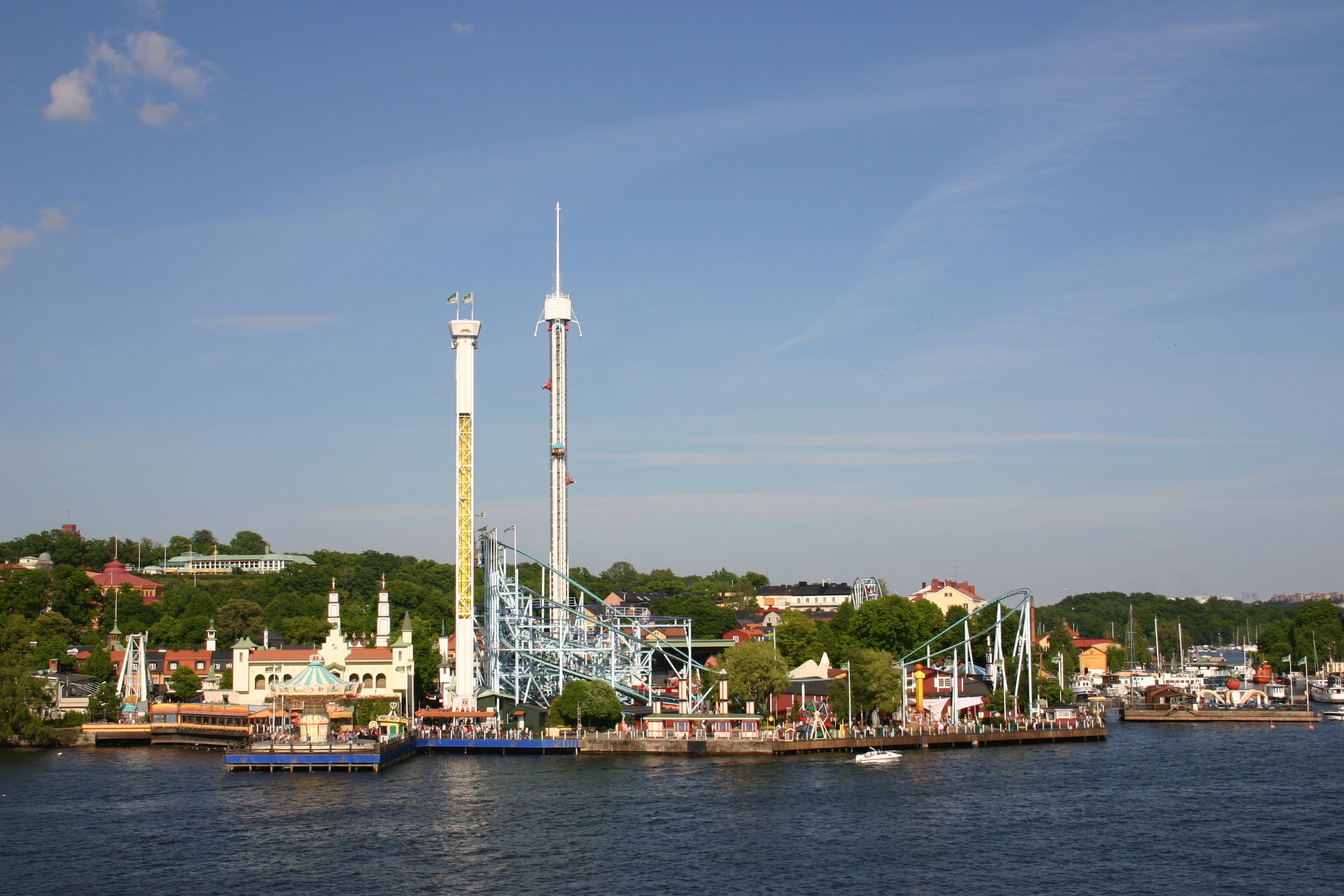 waterfront, refinery, 2K, outdoors, no people, transportation, sailboat, built structure, amusement park, sky, djurgarden, industry, nature, mode of transportation, HD Wallpaper