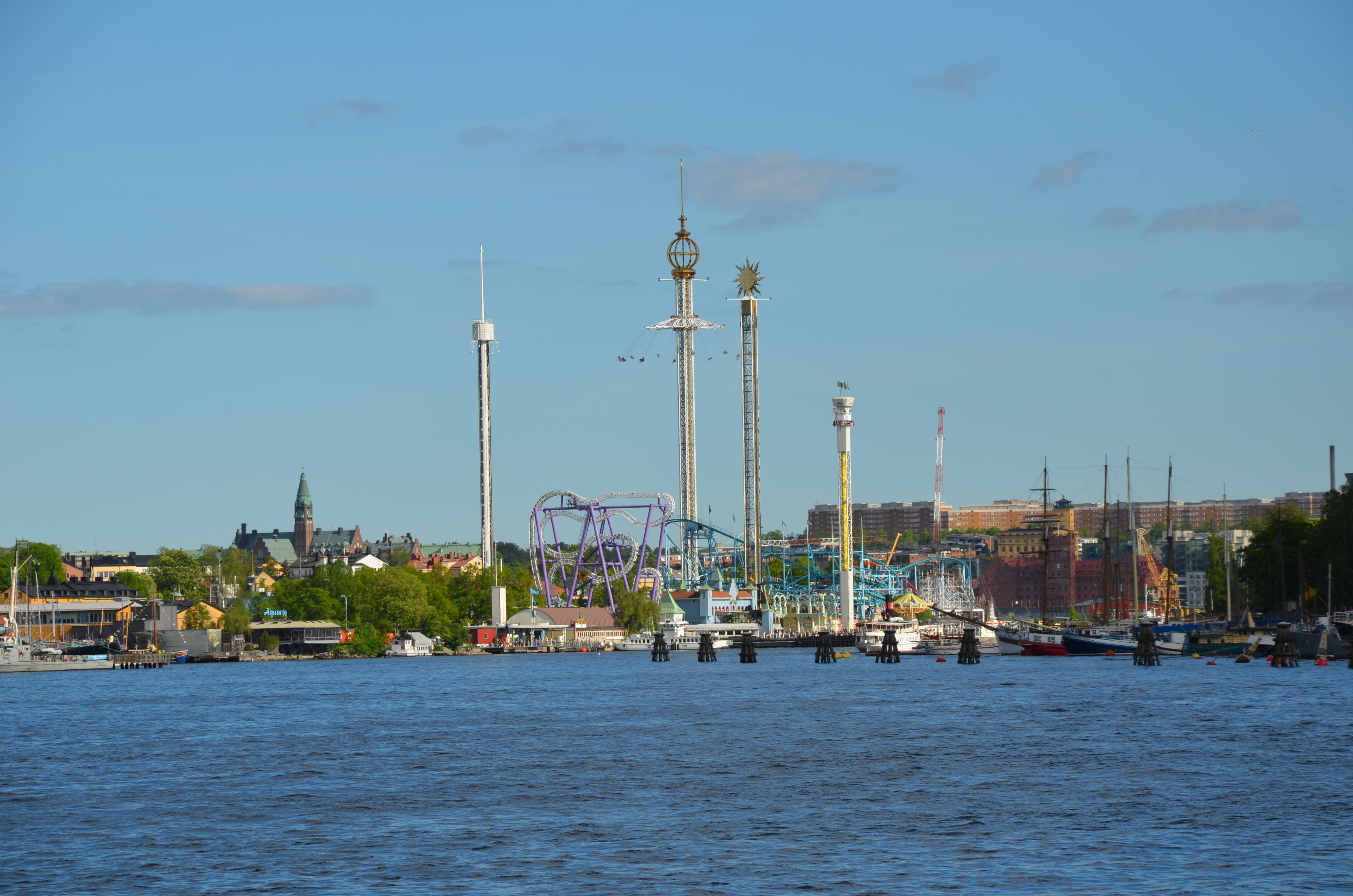 stockholm, transportation, nautical vessel, city, tall - high, sweden, theme park, nature, no people, water, 4K, architecture, gröna lund, mode of transportation, HD Wallpaper