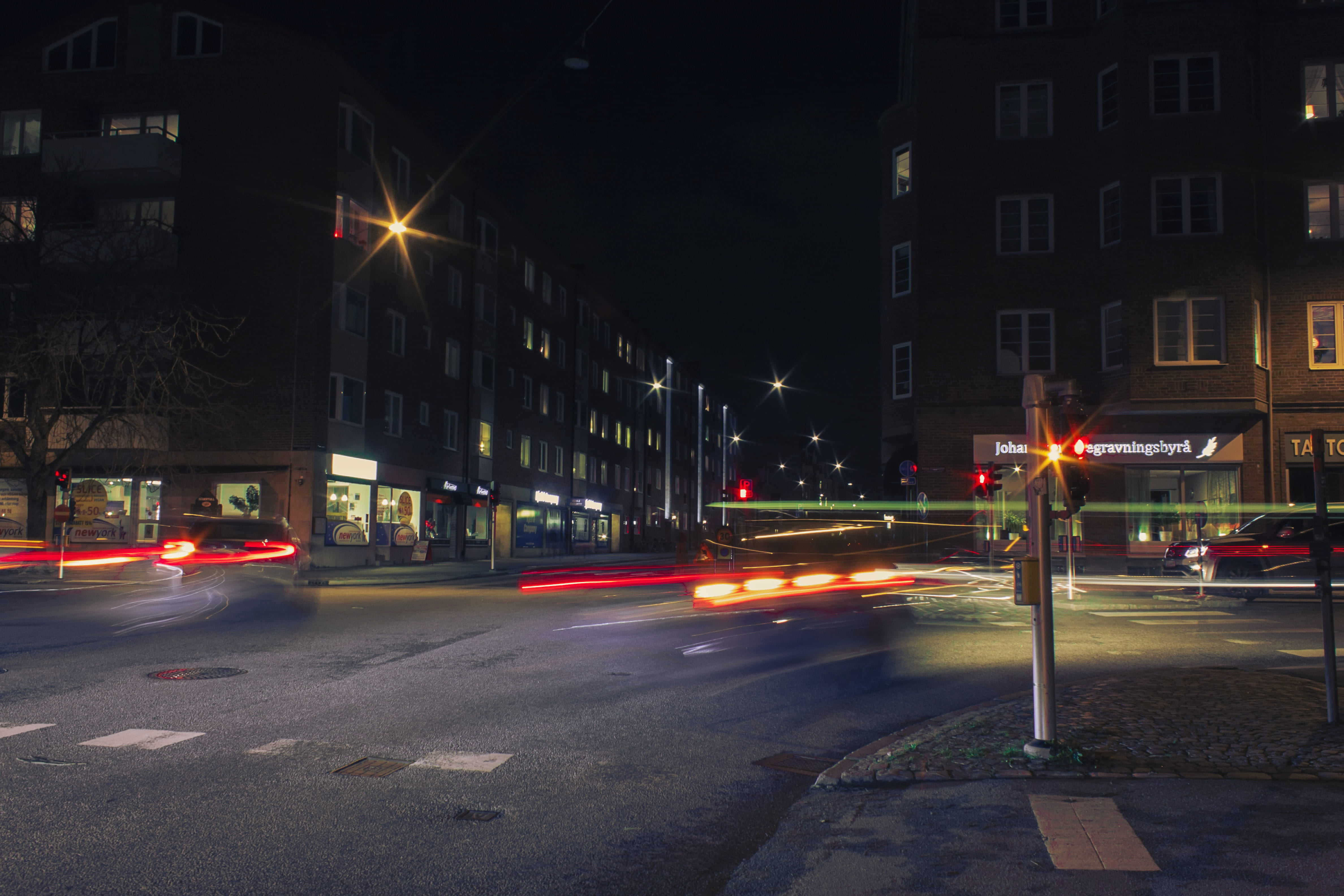 automobile, sweden, illuminated, asphalt, building, cars, street, traffic light, night, street light, downtown, mode of transportation, motor vehicle, transportation, HD Wallpaper