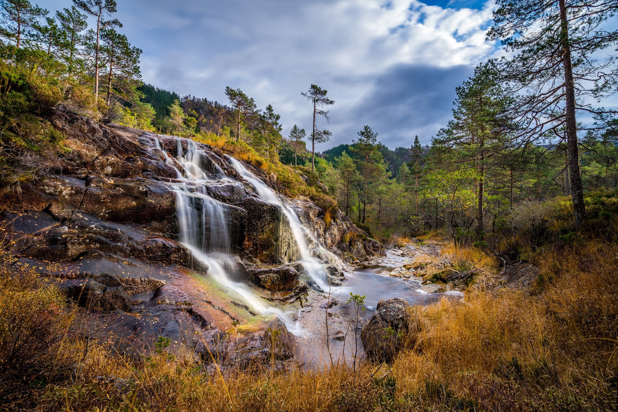 waterfall, trees, tree, environment, solid, flowing, Lund, plant, 1080P, land, cloud - sky, water, sky, non-urban scene, cascade, long exposure, Norway, HD Wallpaper
