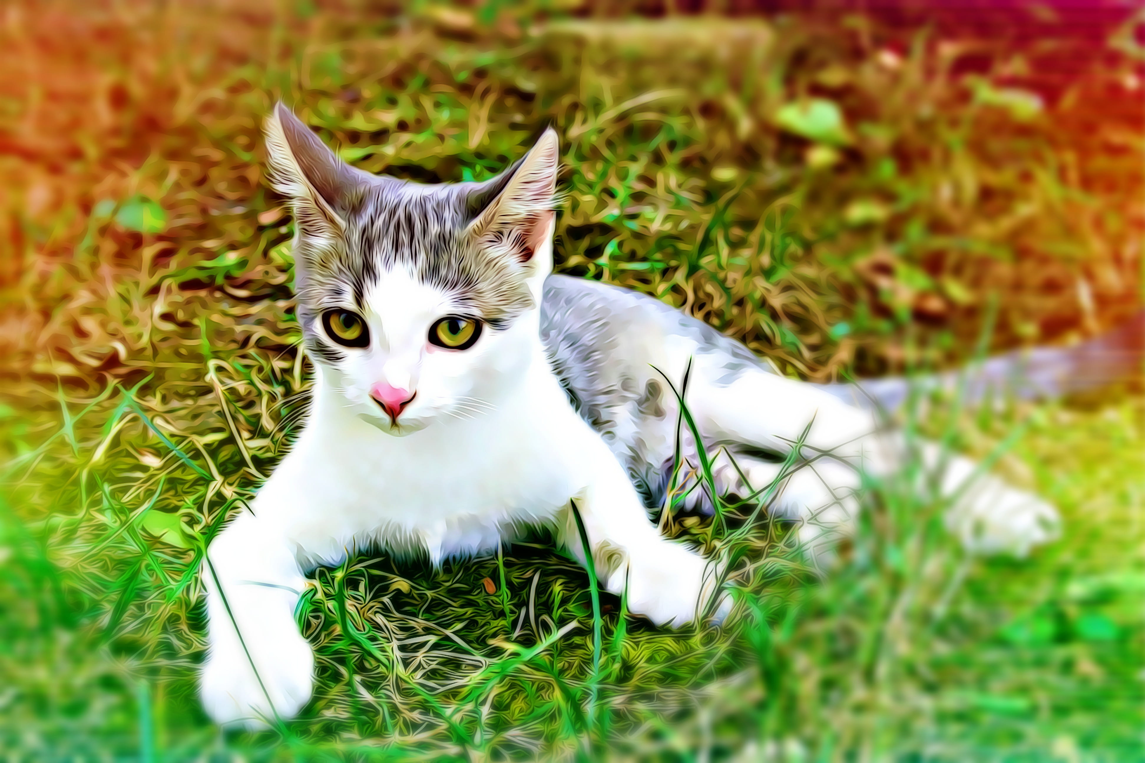 plant, cat, Mood, field, Cat, animals, cat eye, watch, feline, looking at camera, land, mammal, animal themes, 4K, rest, portrait, domestic, Felines, eye, HD Wallpaper