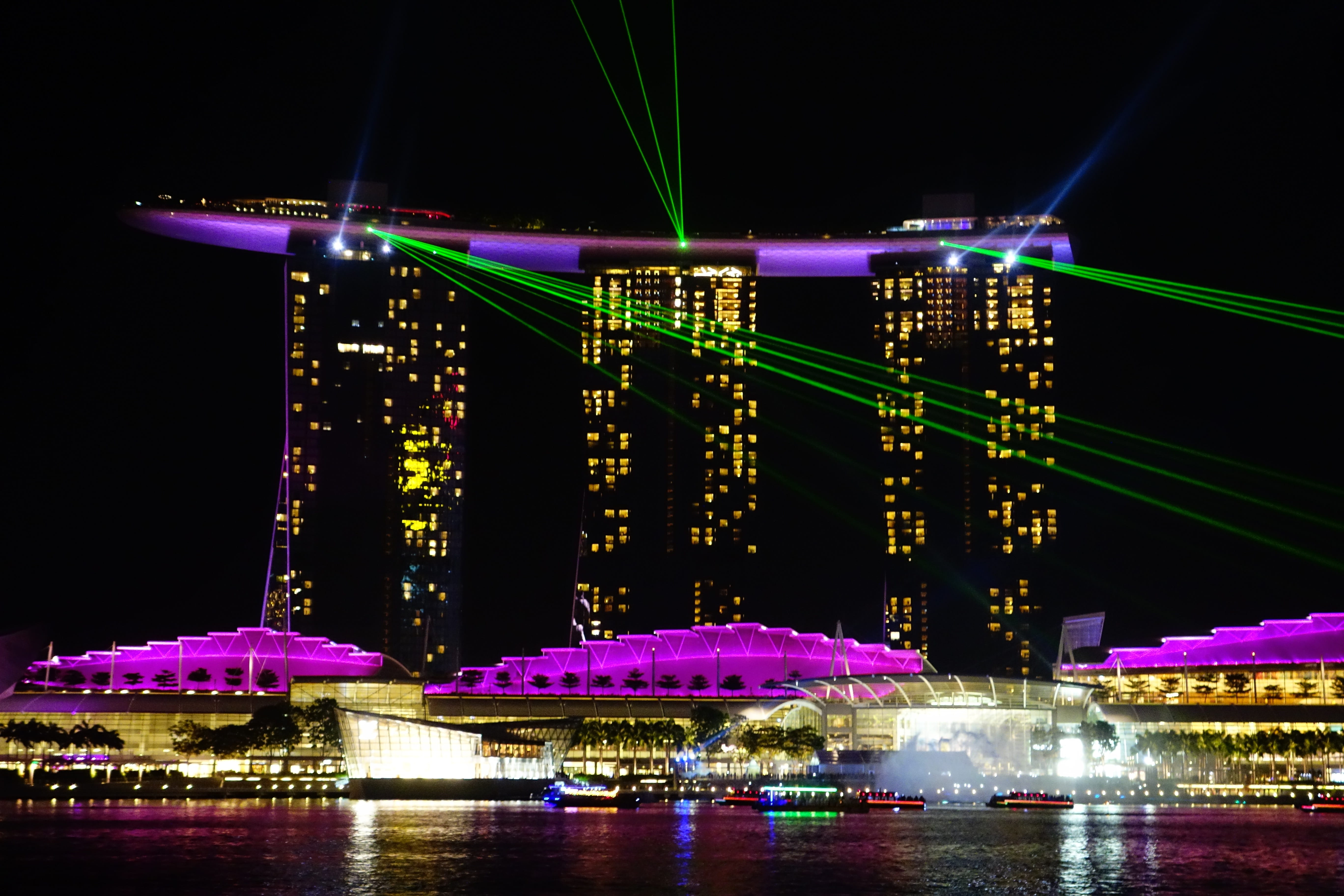 architecture, casino, hotel, water, travel, skyscraper, purple, laser, no people, dancing, nature, Singapore, illuminated, house, built structure, port, HD Wallpaper