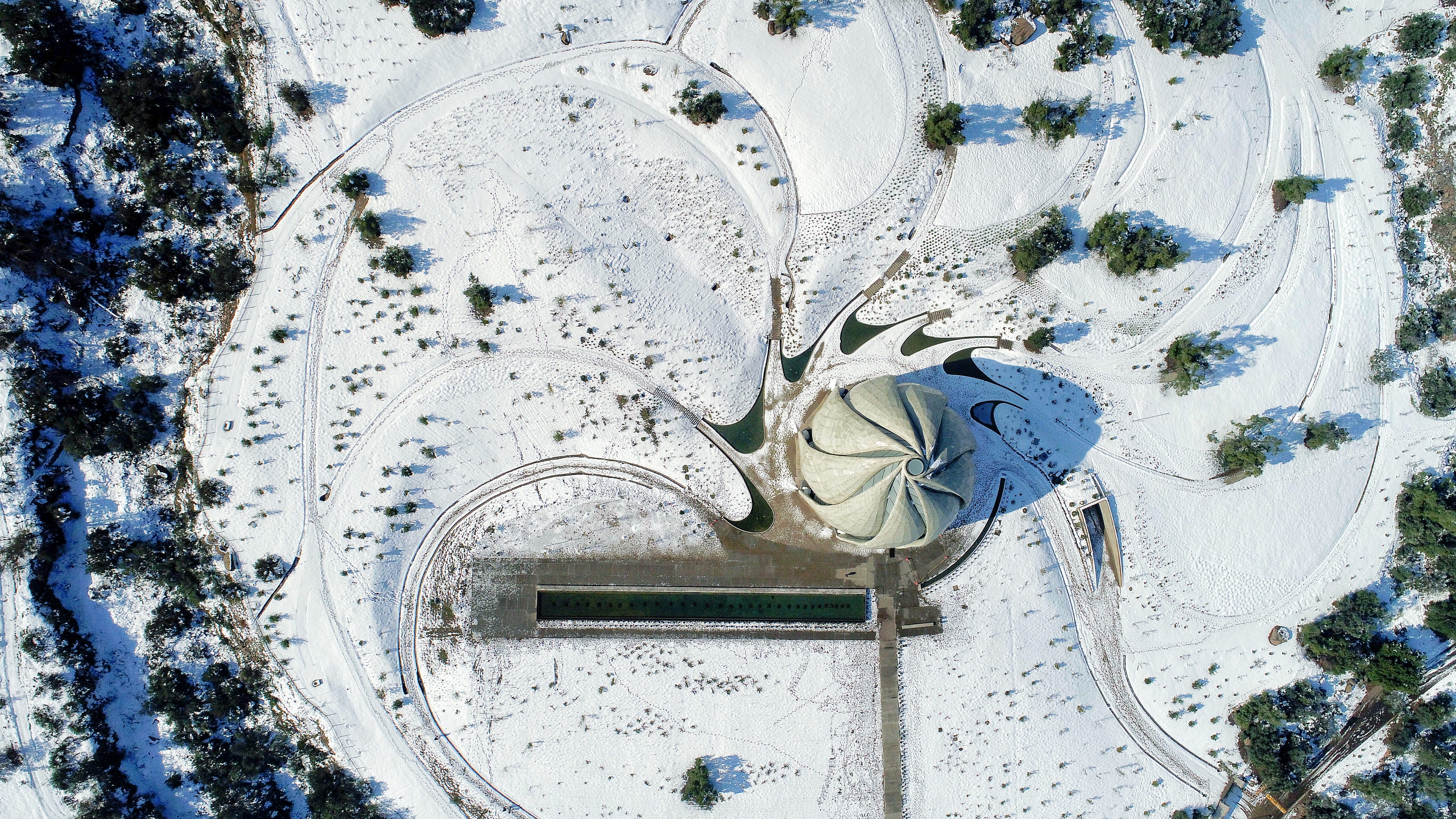 snow, cold temperature, old, drone, art and craft, aerial, bahai temple, topdown, architecture, bahai, textured, dome, sunlight, peñalolen, nature, white, HD Wallpaper