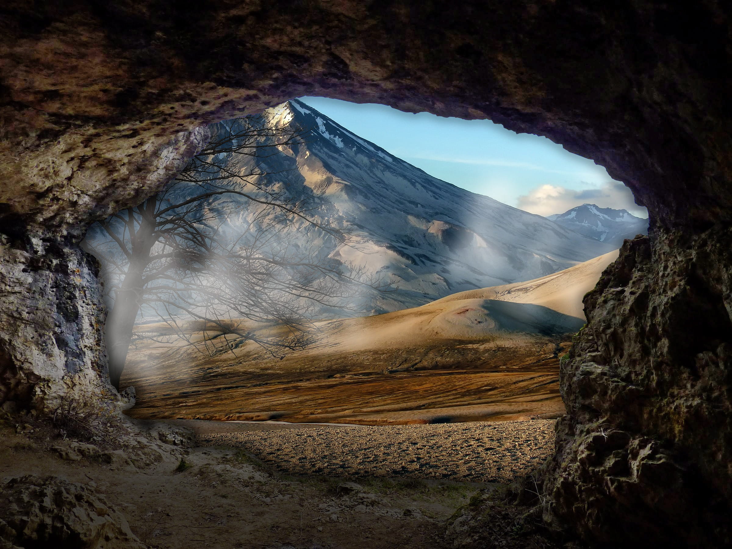 sky, volcano, mood, geology, solid, rock, eroded, tranquil scene, no people, scenics, day, idyllic, background, fantasy, fog, cave, land, volcanic Crater, HD Wallpaper