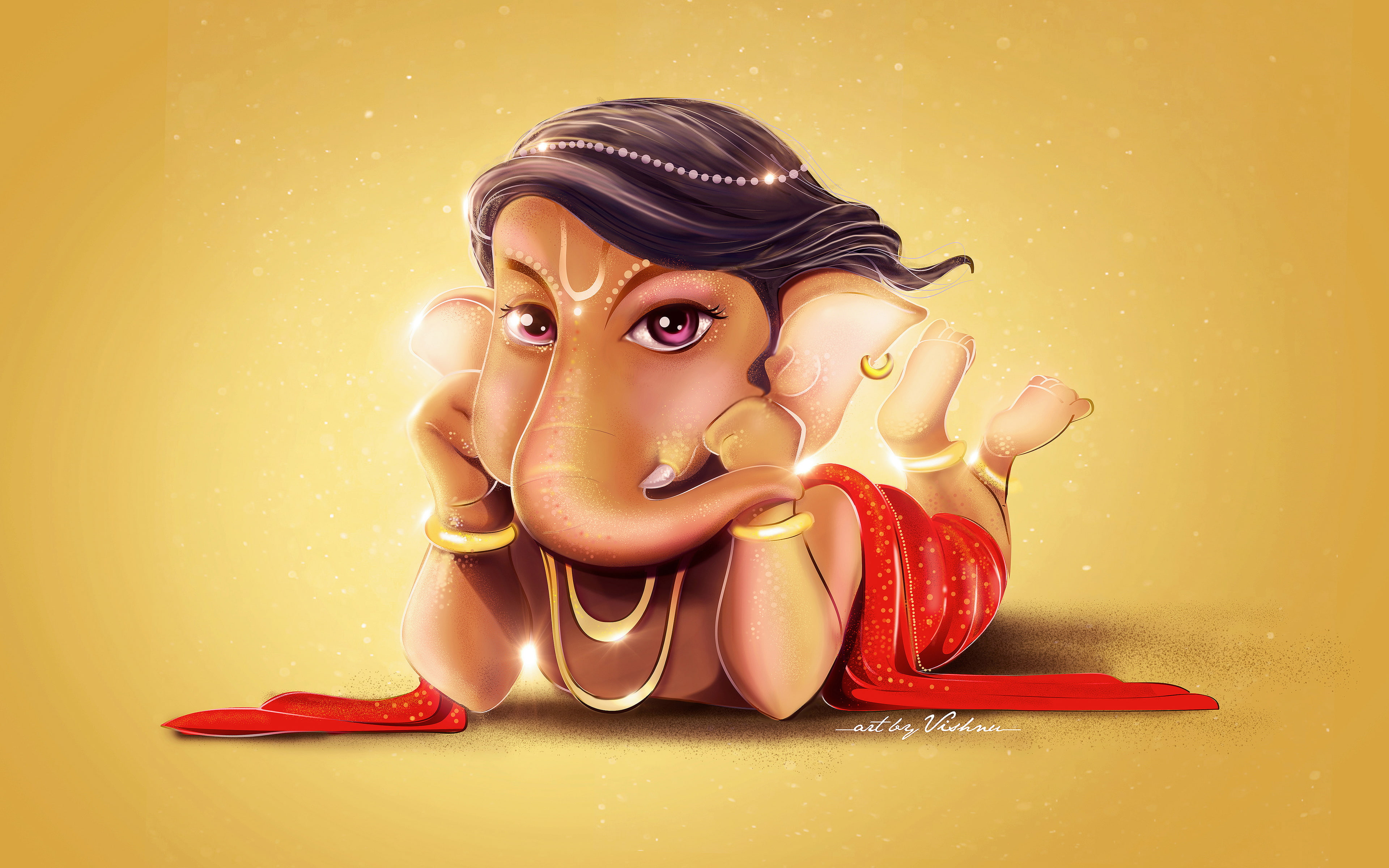 portrait, young adult, yellow background, studio shot, ganesha, beauty, women, looking at camera, 4K, digital composite, cute, adult, beautiful woman, HD Wallpaper