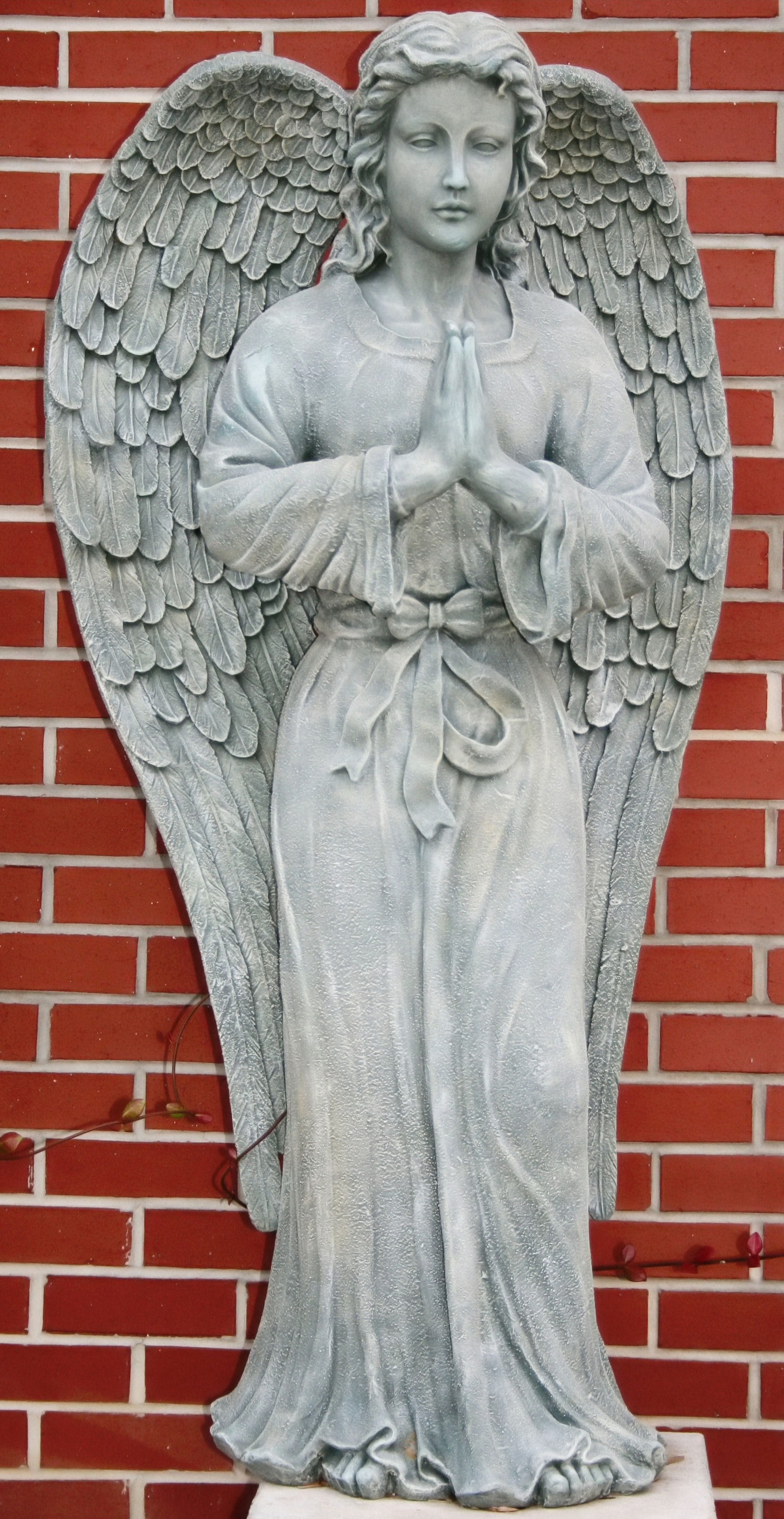 cherub, representation, outdoors, carving - craft product, statue, heavenly, female likeness, angelic, brick wall, winged, art and craft, red, holy, wall, Phone HD Wallpaper