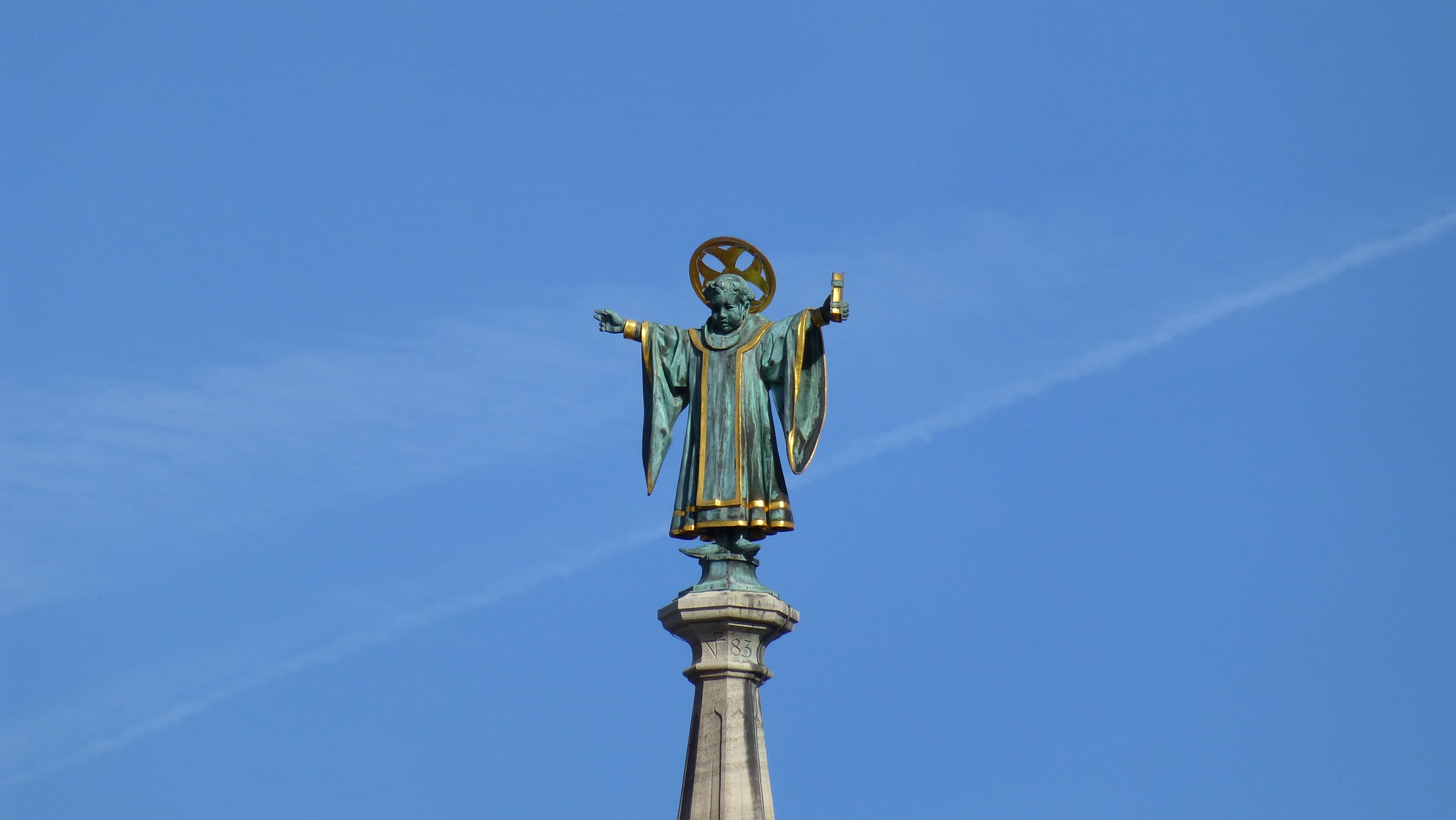 man, sky, munich, muenchnerkindl, belief, statue, outdoors, clear sky, marienplatz, low angle view, spirituality, female likeness, religion, creativity, HD Wallpaper