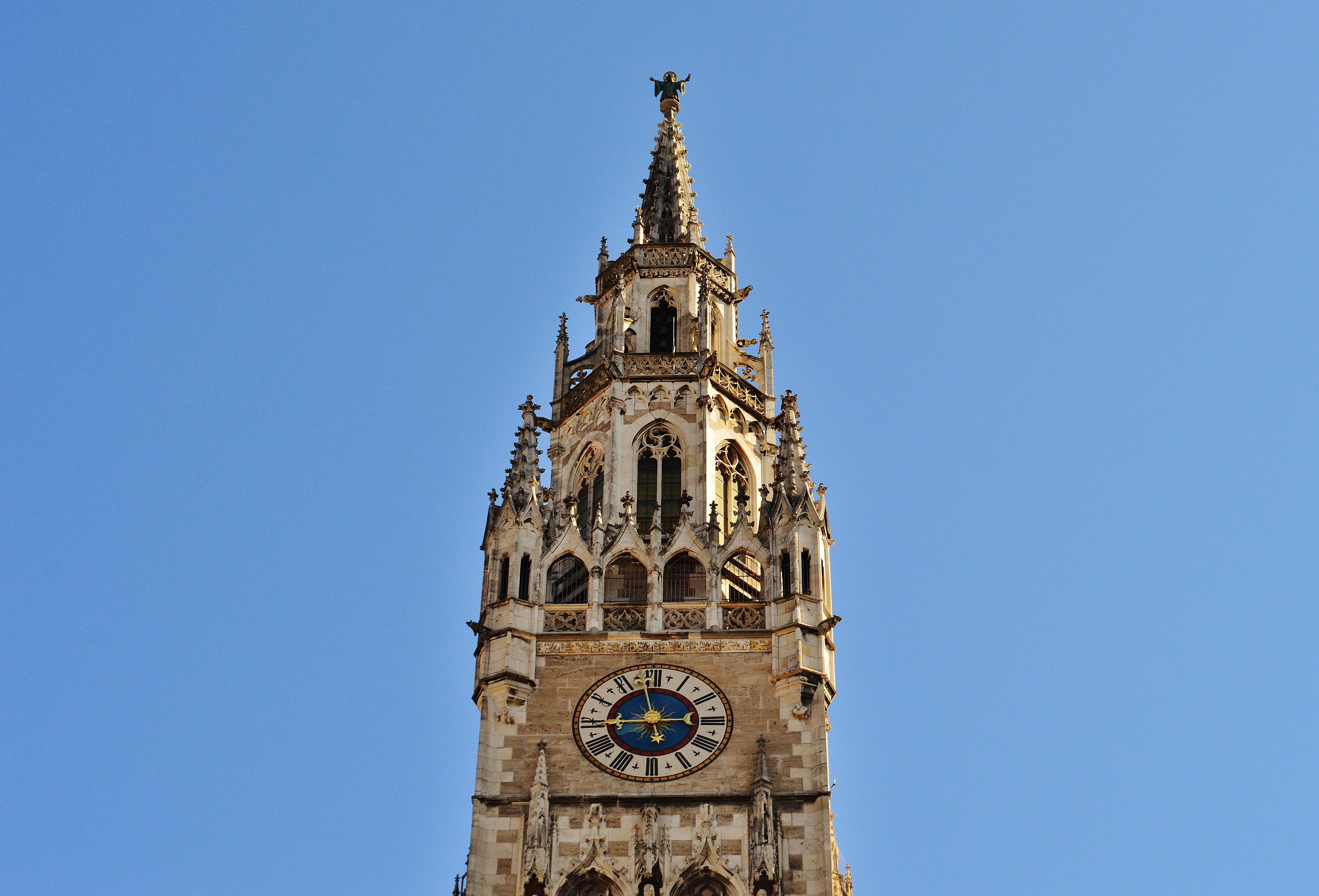 spire, clear sky, clock tower, 5K, architecture, built structure, travel destinations, sky, travel, marienplatz, nature, clock face, time, blue, the past, HD Wallpaper