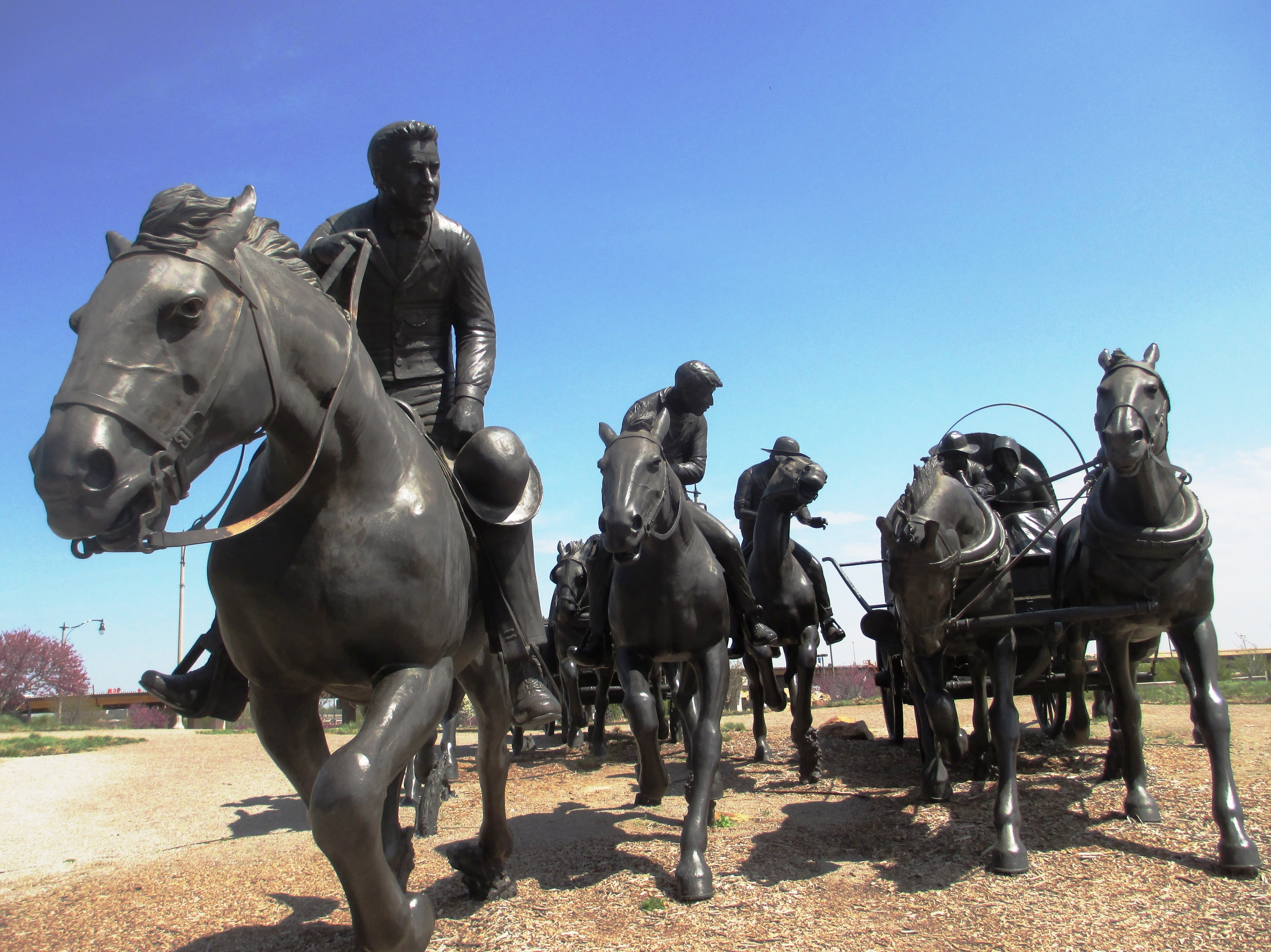 sculpture, pets, oklahoma sooners display, nature, group of animals, blue, day, domestic, land rush, animal themes, livestock, mammal, working animal, silhouette, HD Wallpaper
