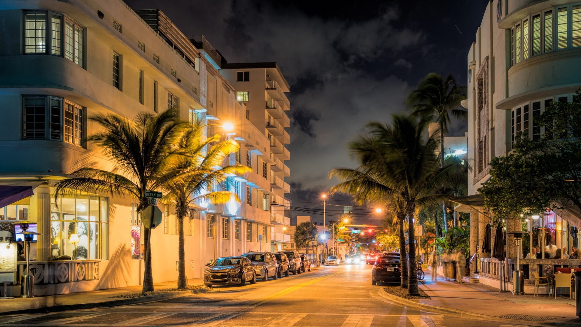 1080P, night, palm trees, street, HD Wallpaper