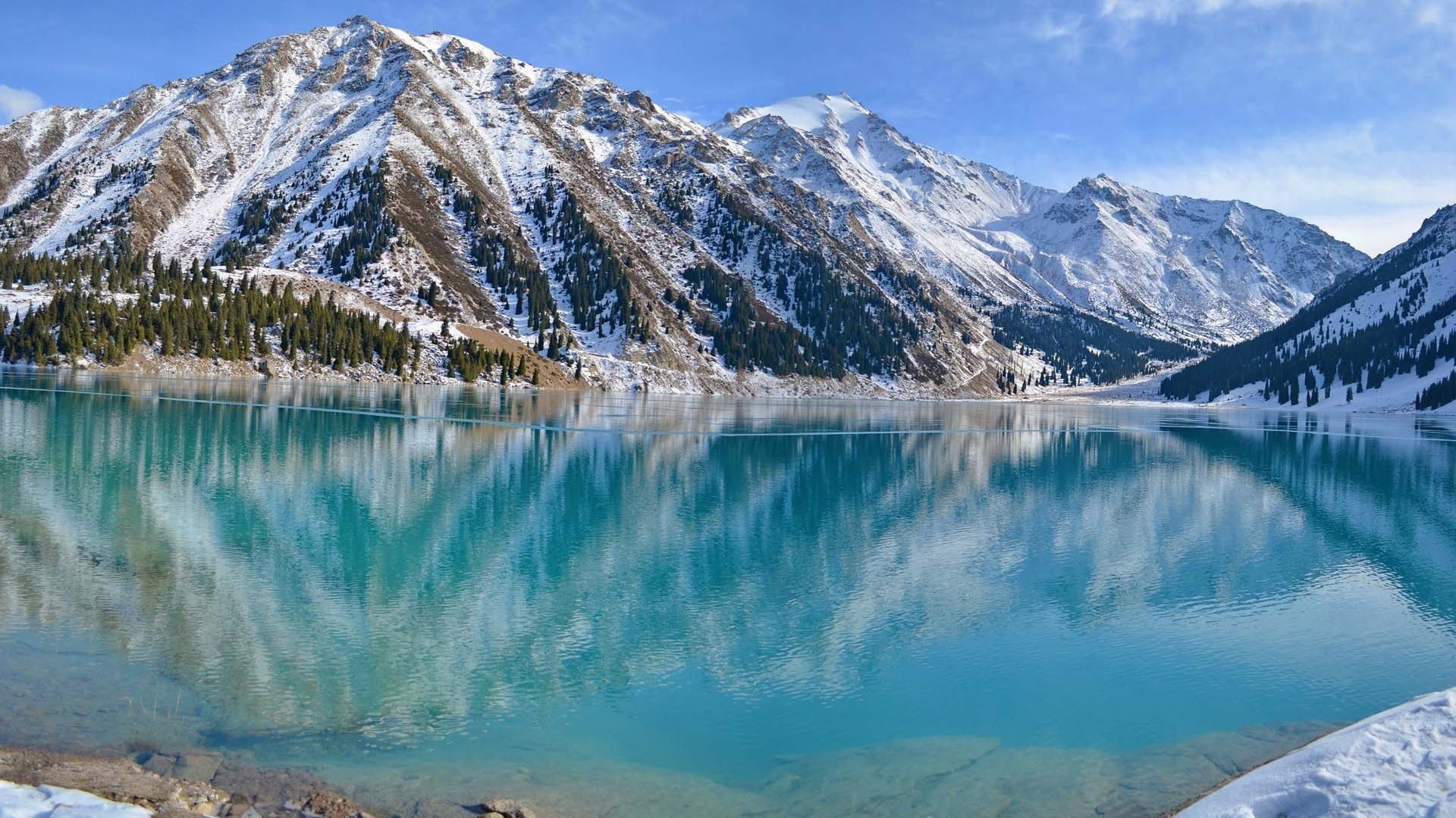 mountain peak, reflection, big, outdoors, mountain range, pine tree, covered, desktop, photography, turquoise colored, no people, tree, tranquility, day, HD Wallpaper