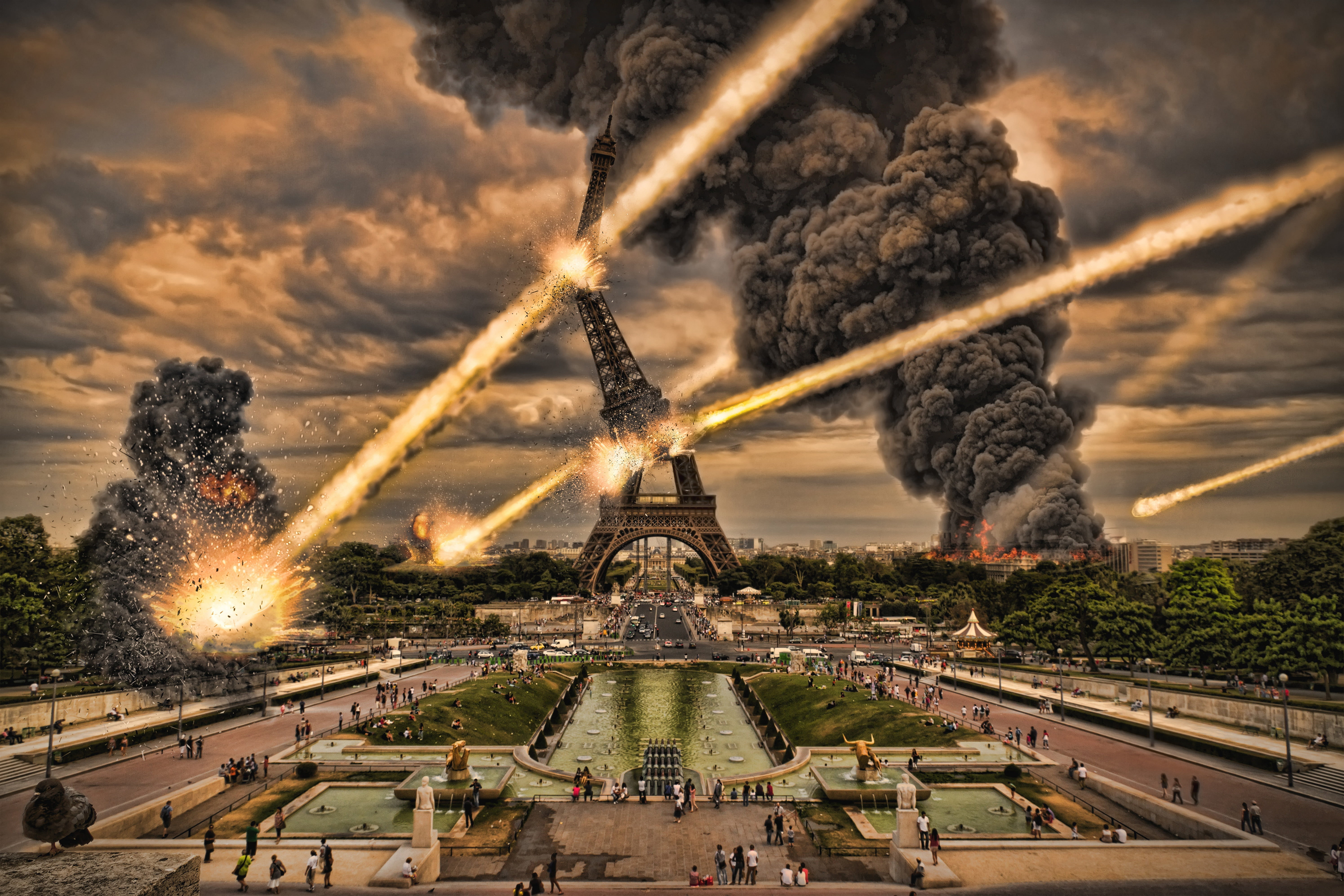 people, building exterior, sunset, the city, fire, explosions, cloud - sky, the bombing, war, architecture, plant, Paris, sky, city, apocalipsis, motion, HD Wallpaper