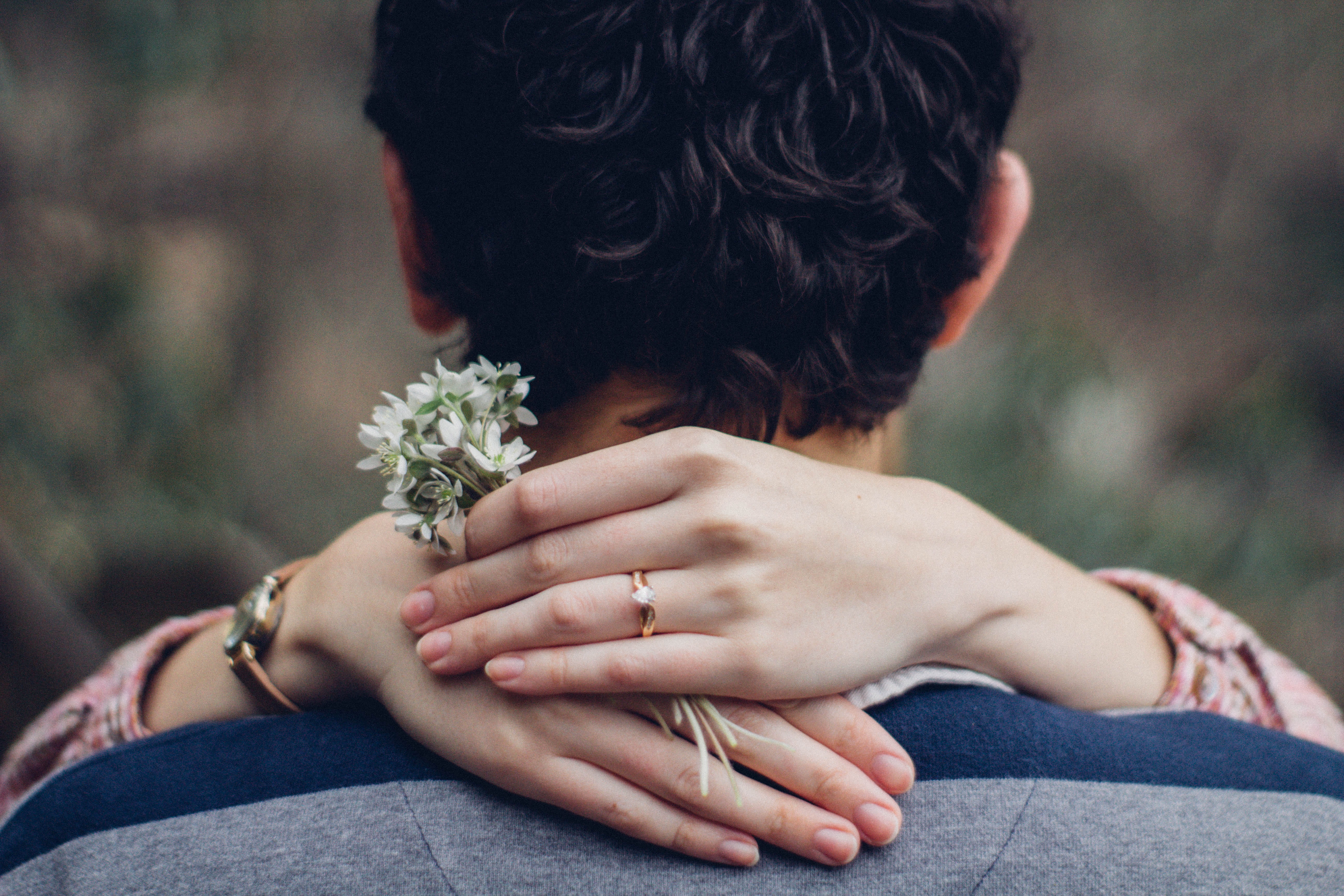 blue, human body part, rear view, outdoors, engagement, photo, woman, ring, couple, flowering plant, hairstyle, positive emotion, human hand, curly, adult, HD Wallpaper