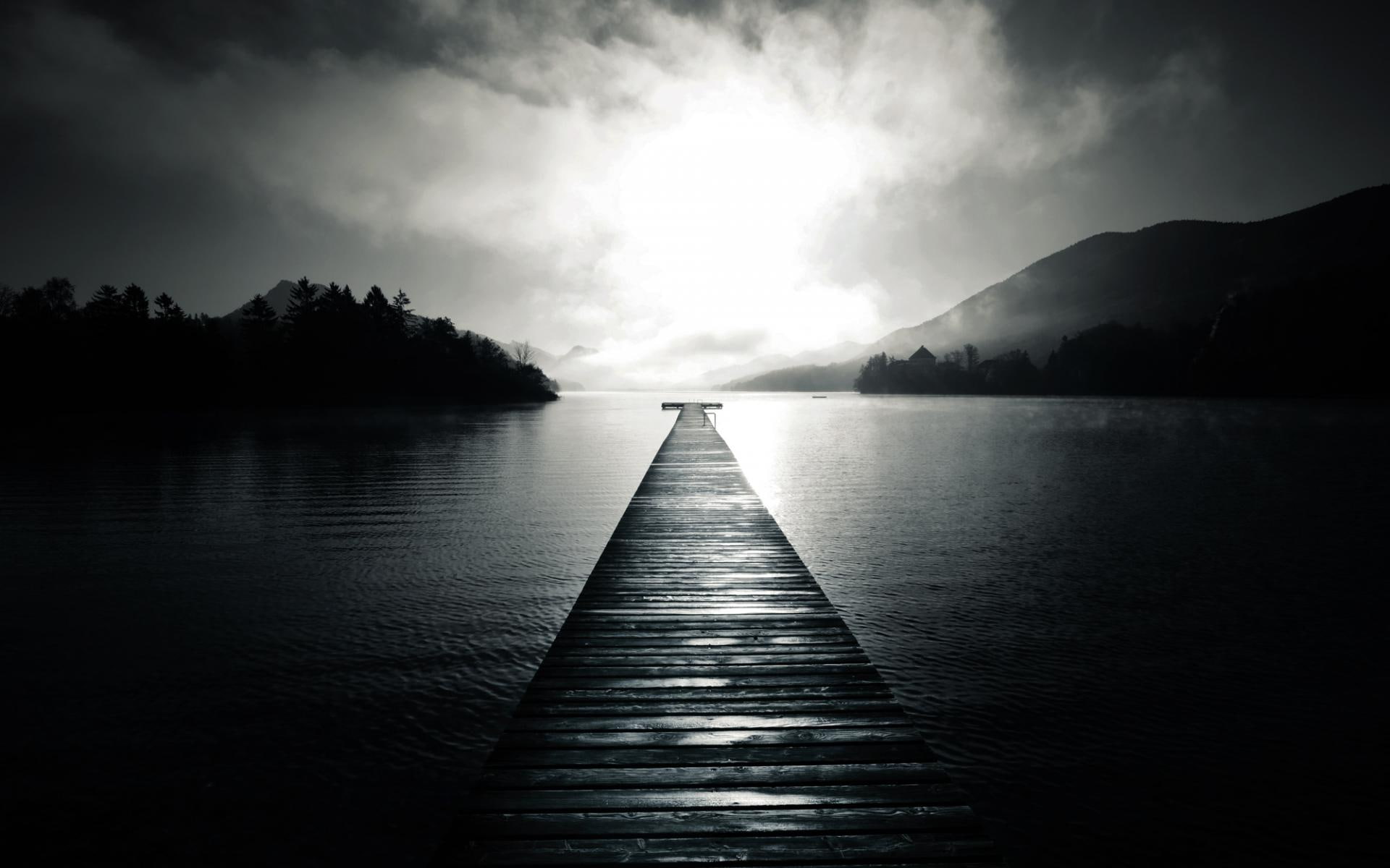 1080P, sunrise, reflection, monochrome, lakes, clouds, haze, shore, nature, sunlight, sunset, black, white, hills, sky, mist, fog, forest, mood, water, HD Wallpaper