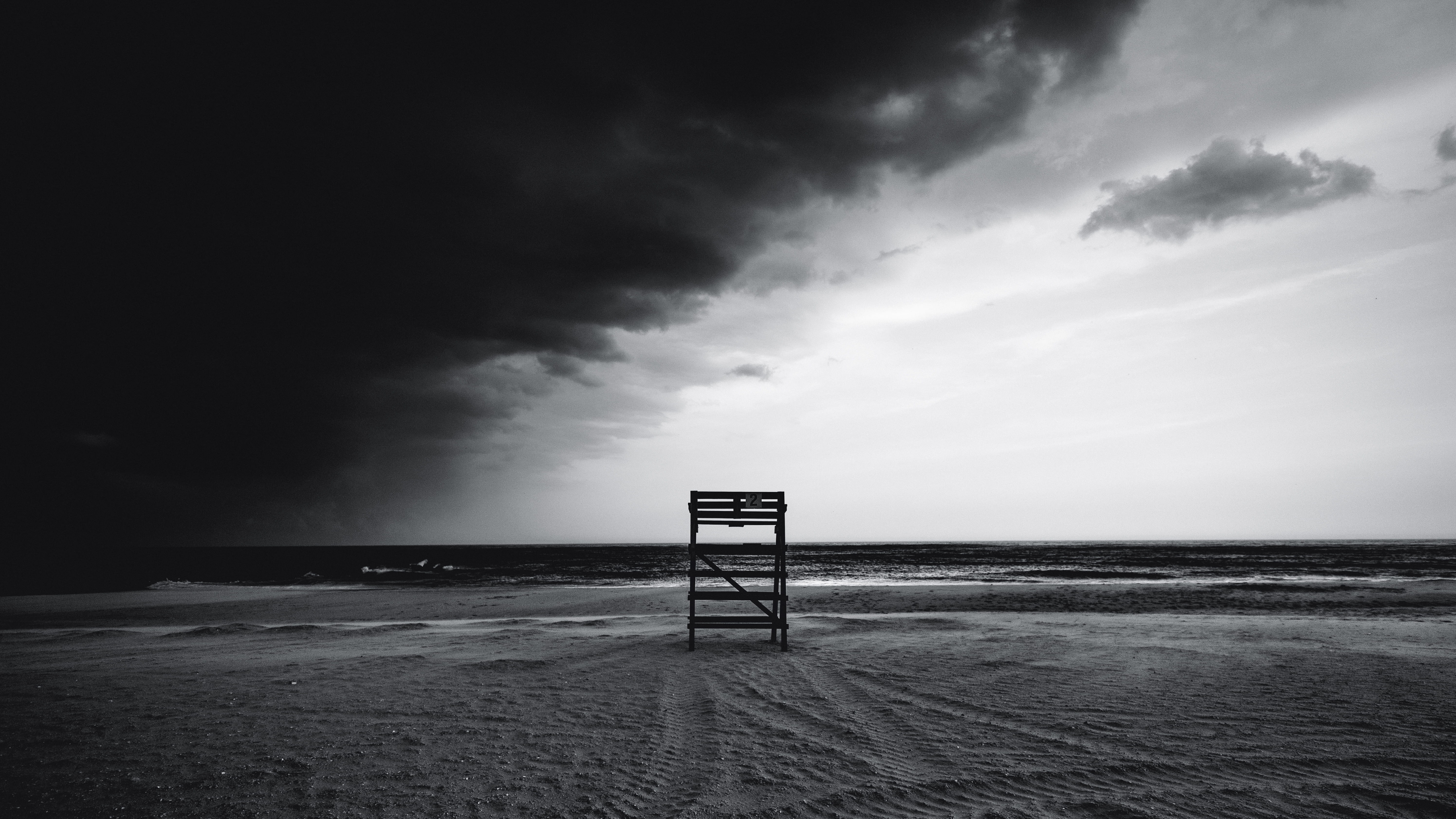 horizon, cloud - sky, beauty in nature, shore, lifeguard, dark, sea, cloud, new jersey, brown, tranquility, absence, beach, grayscale, tranquil scene, monochrome, HD Wallpaper