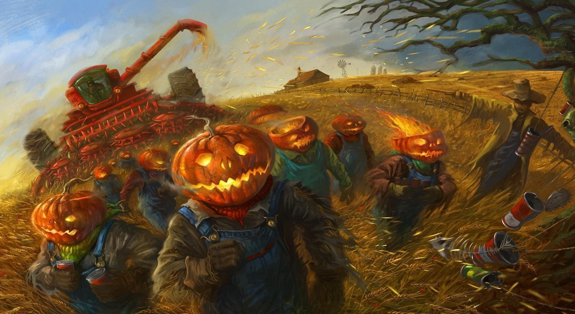 illustration, field, halloween, pumpkin, people, scare, crow, holiday, 1080P, grain, running, HD Wallpaper