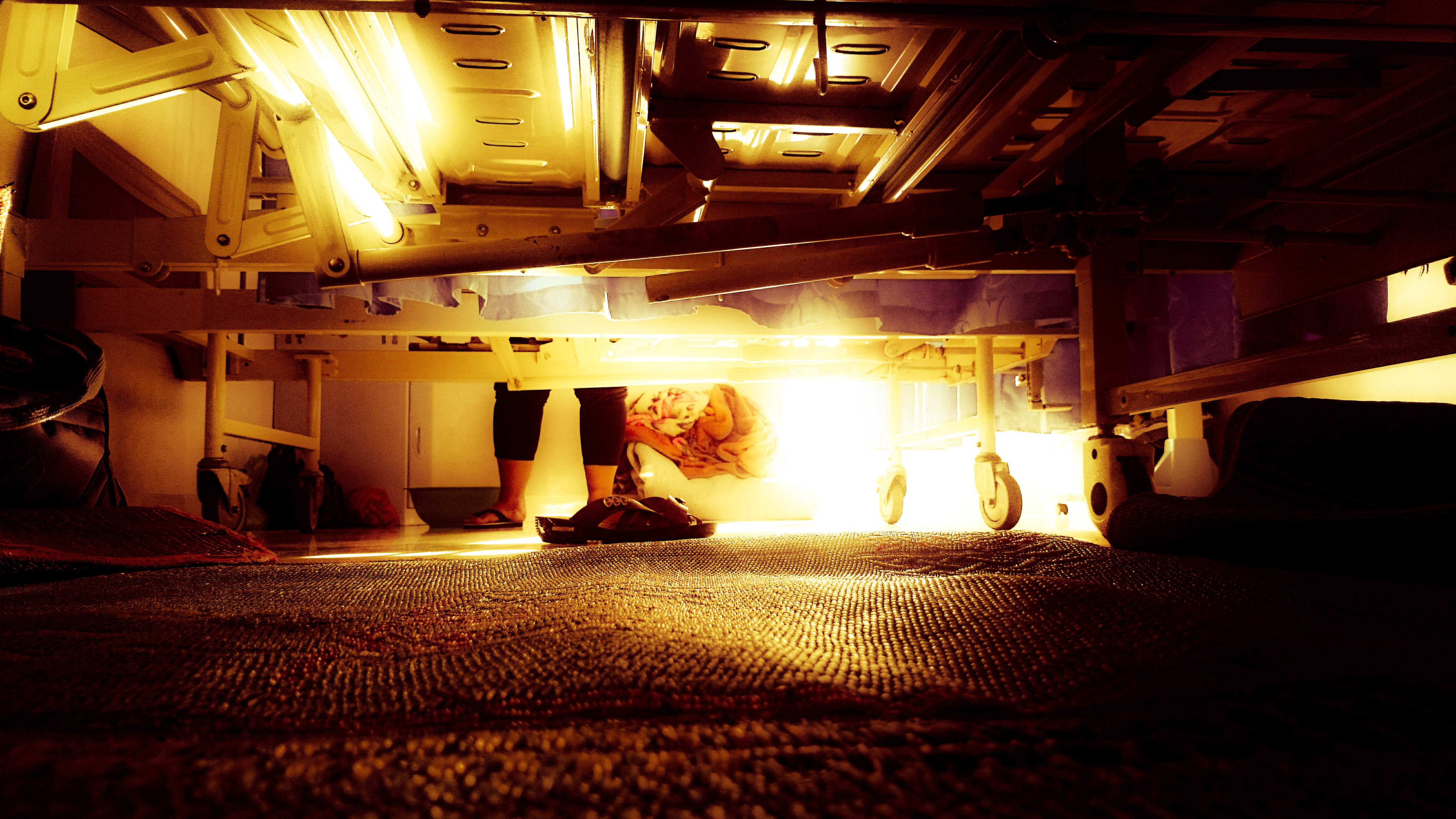 bed, feed, architectural column, indoors, lighting equipment, surface level, spy, hide, hidden, night, city, creepy, built structure, garage, illuminated, HD Wallpaper