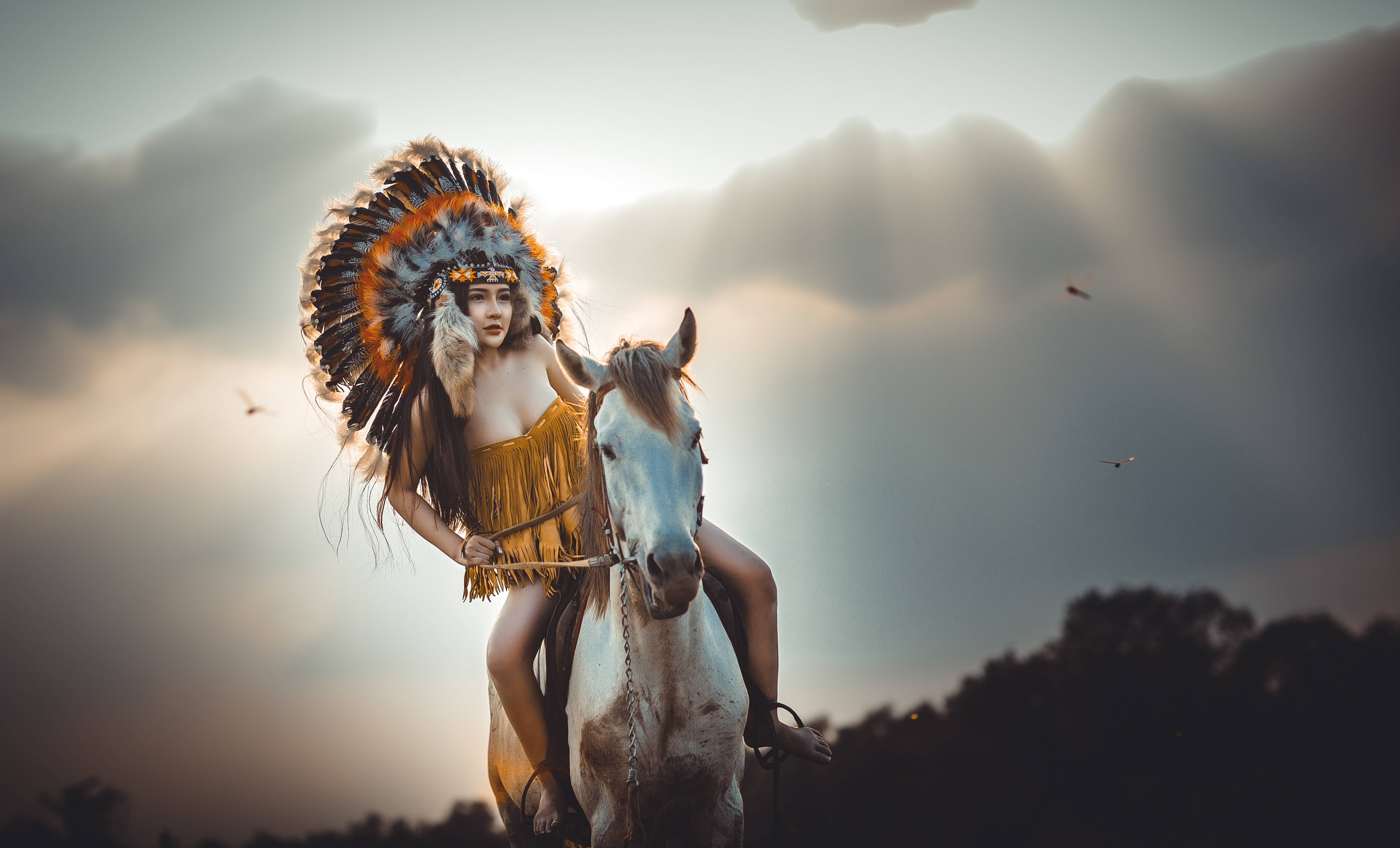 White horse, Tribal woman, Cosplay, Costume, 5K, 5K, HD Wallpaper