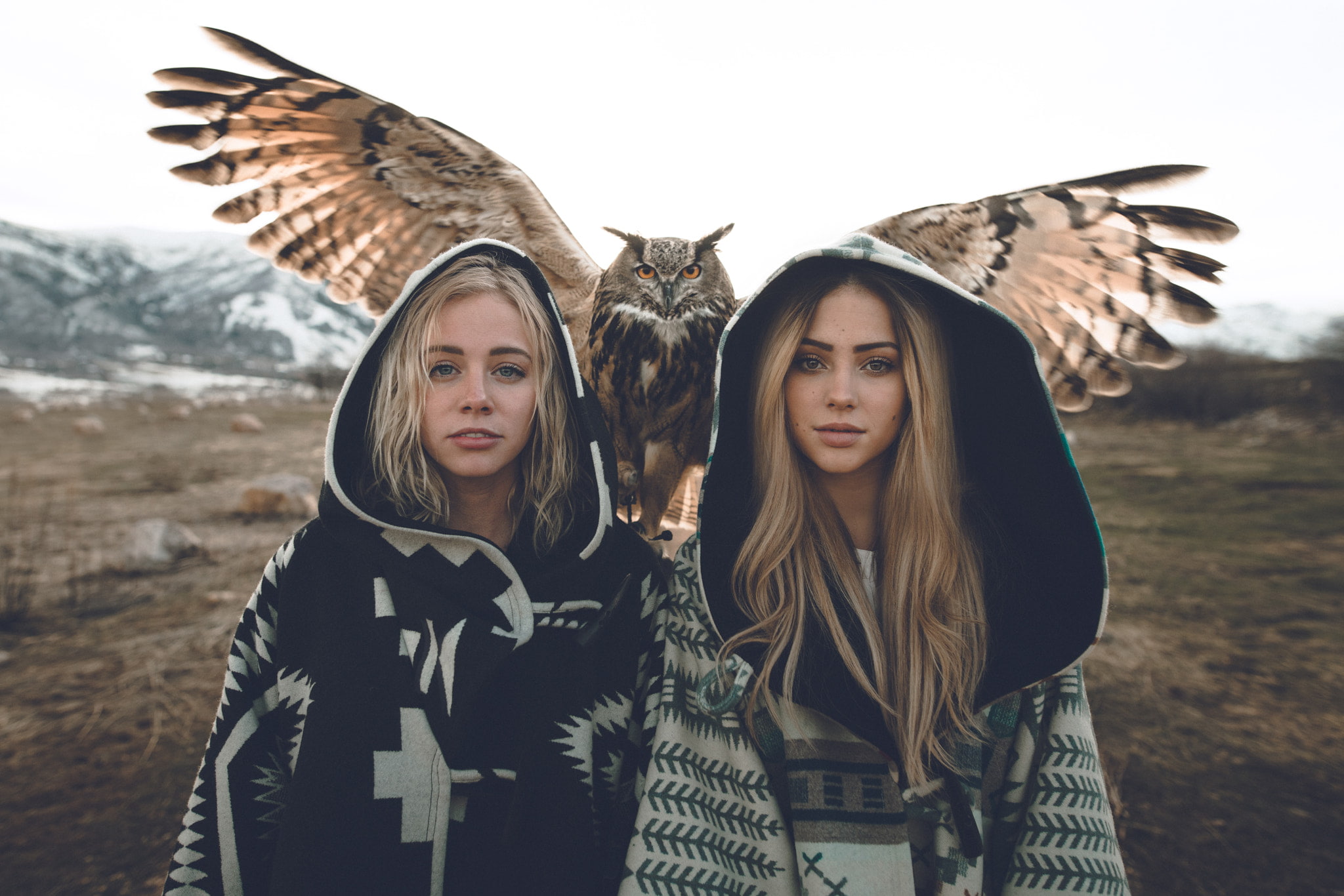 brown eyes, outdoors, owl, 1080P, animals, Caucasian, hoods, women, Charly Jordan, blue eyes, looking at viewer, two women, Zach Allia, blonde, HD Wallpaper