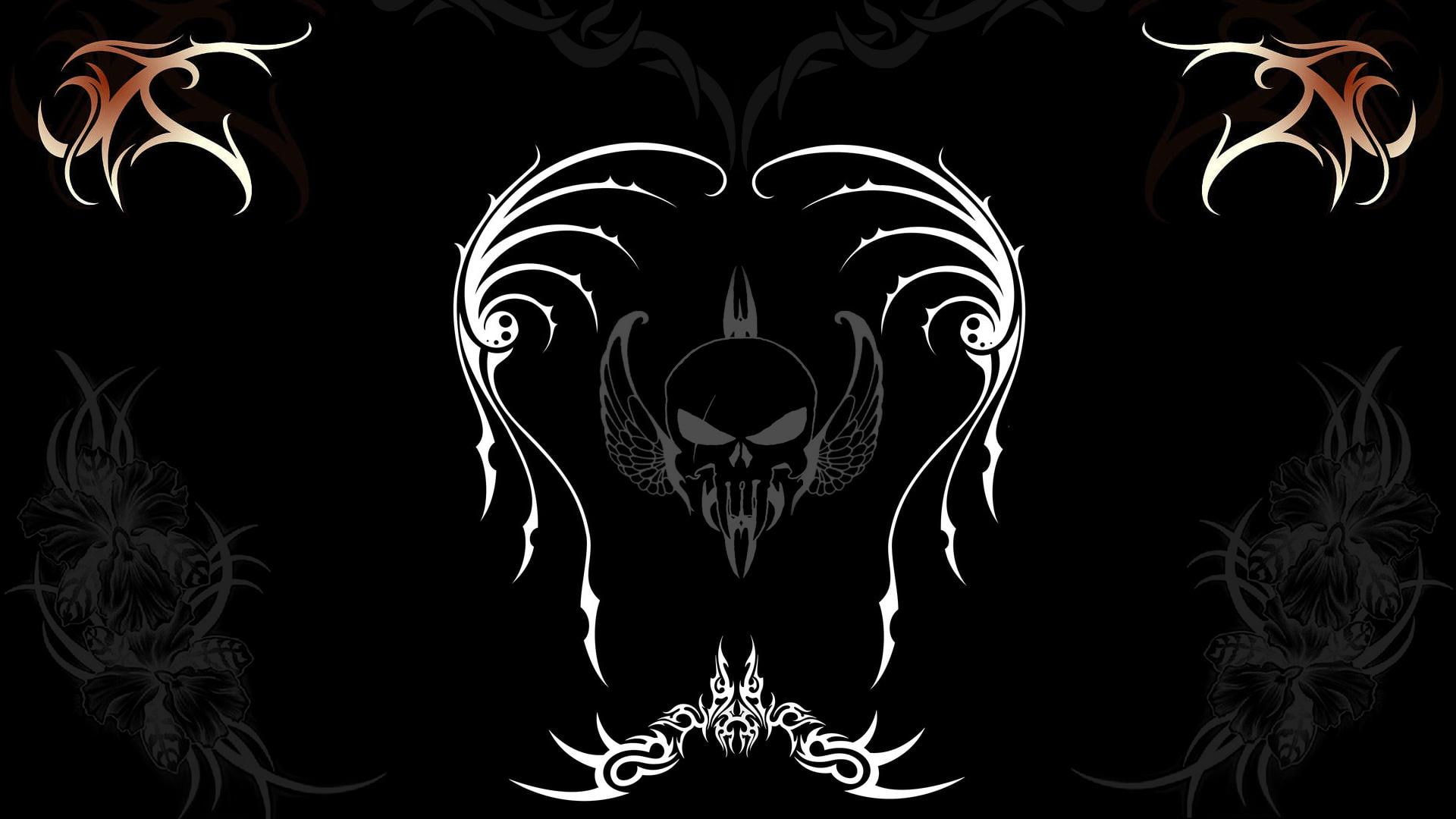 1080P, black, 3d and abstract, flying, skull, tribal, withe, HD Wallpaper