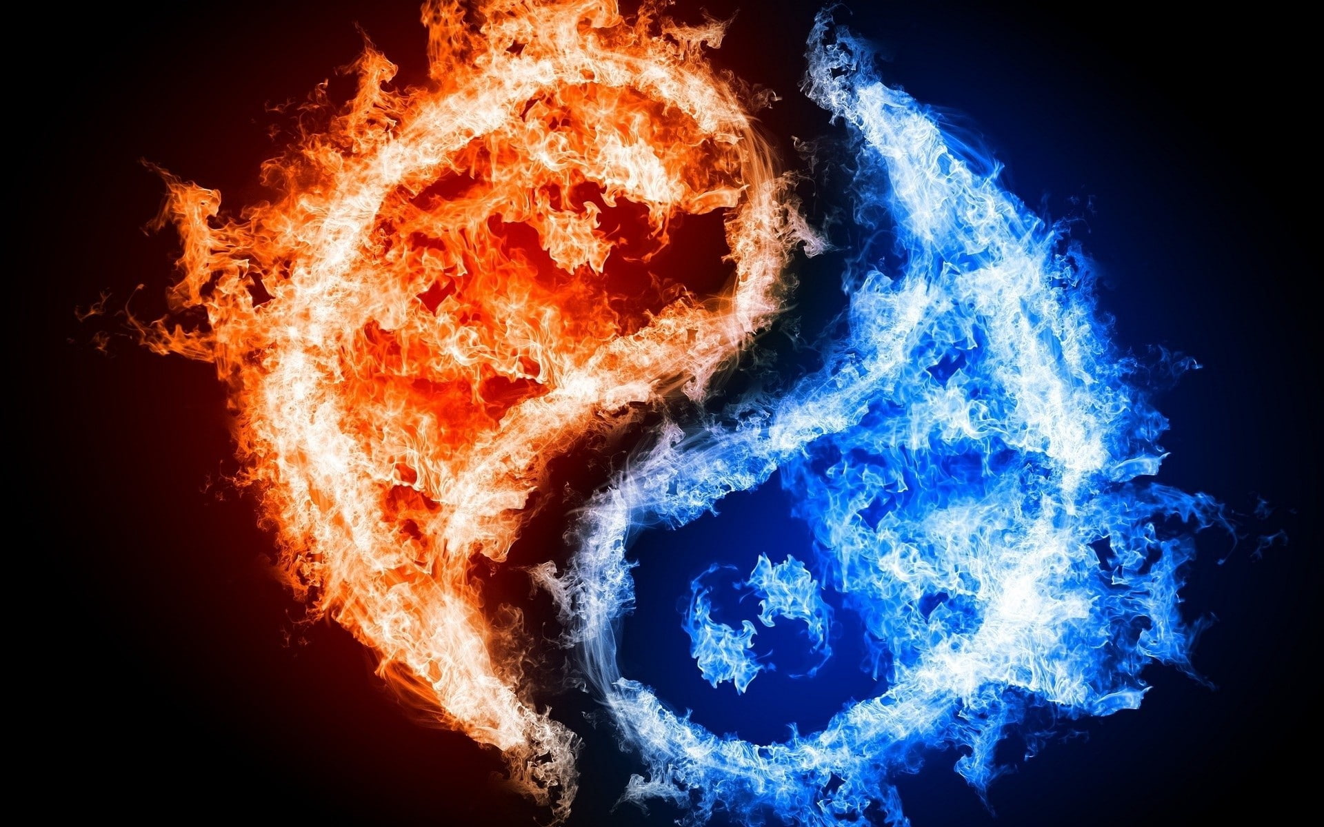 water, digital art, fire, 1080P, Yin and Yang, HD Wallpaper