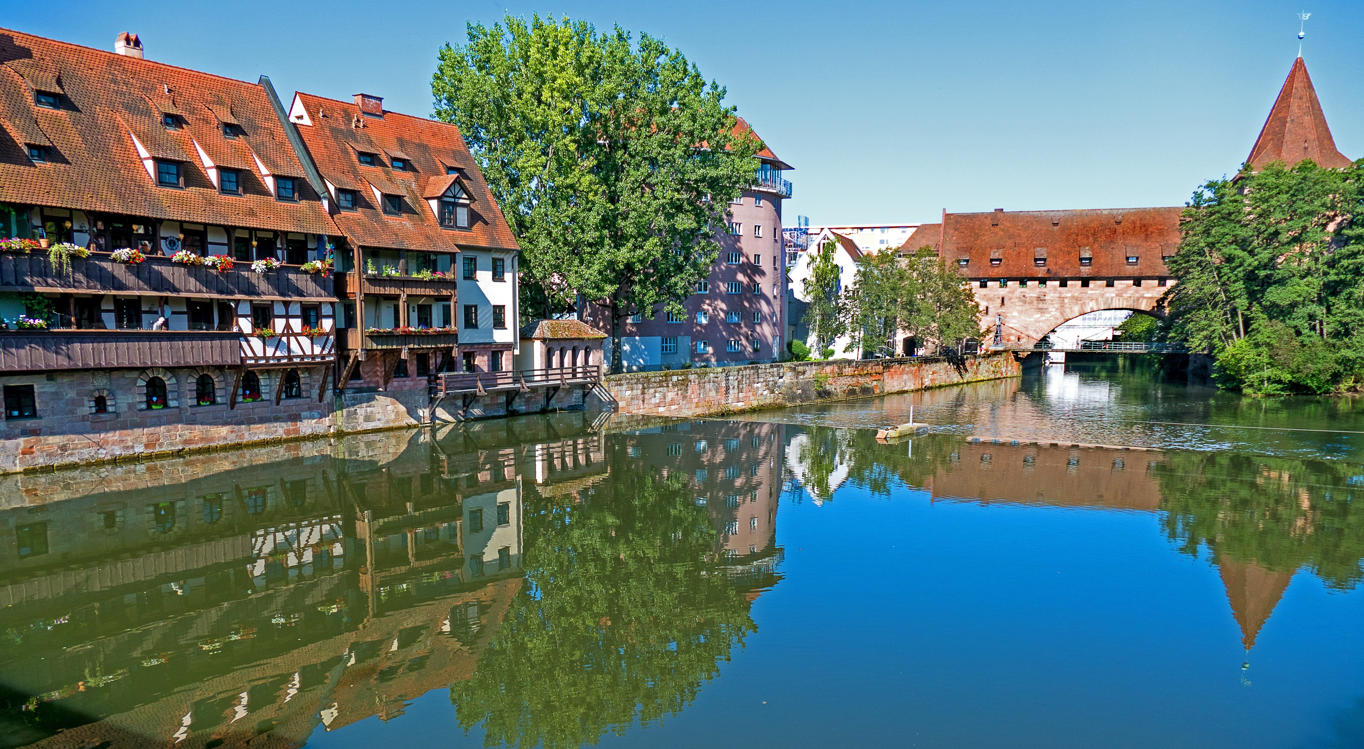 near, travel destinations, historically, nuremberg, black, city, apartment, no people, clear sky, building exterior, river, waterfront, 5K, architecture, HD Wallpaper