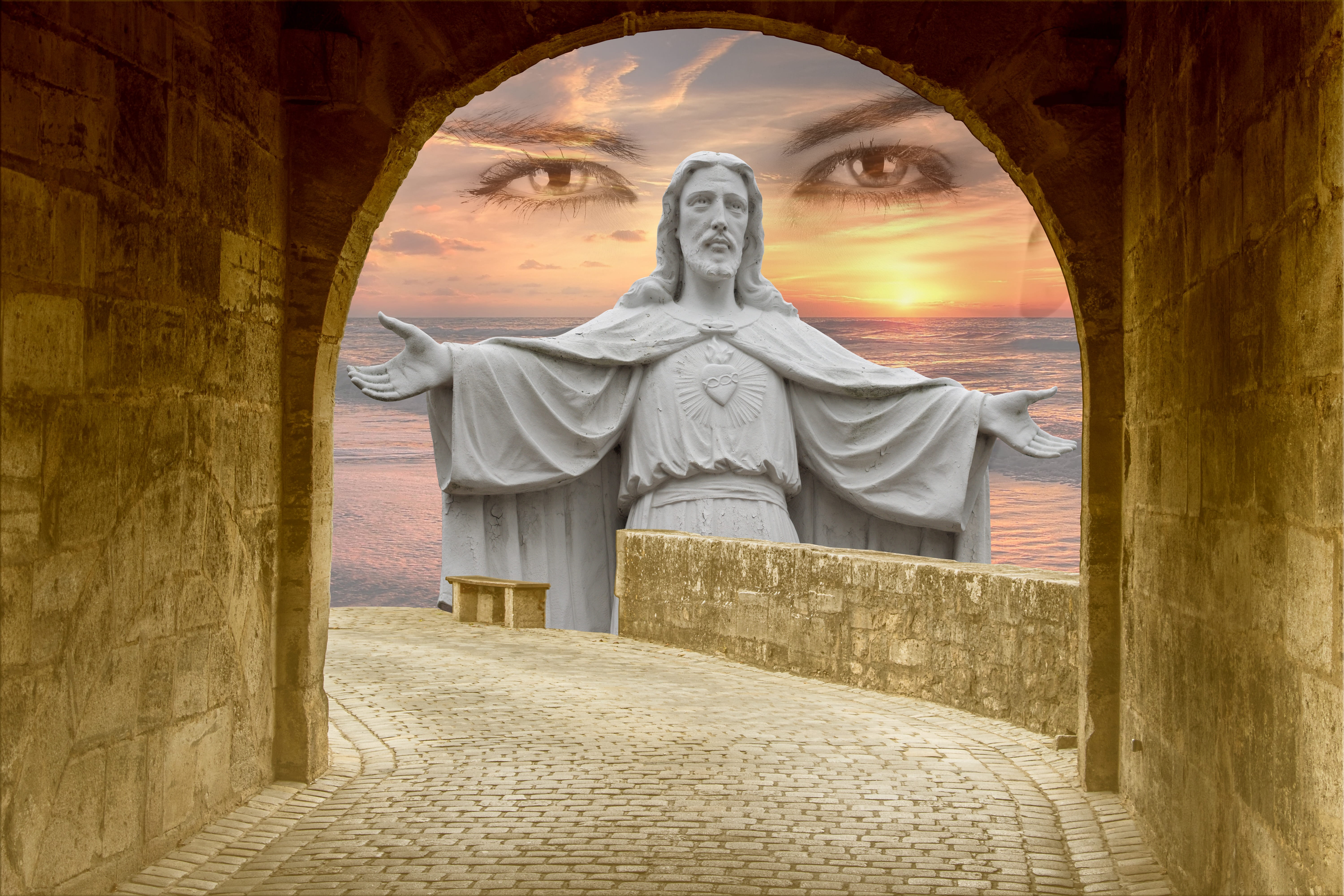 prayer, beige, near, christianity, place of worship, jesus christ, 5K, mercy, travel destinations, human representation, representation, belief, spirituality, HD Wallpaper