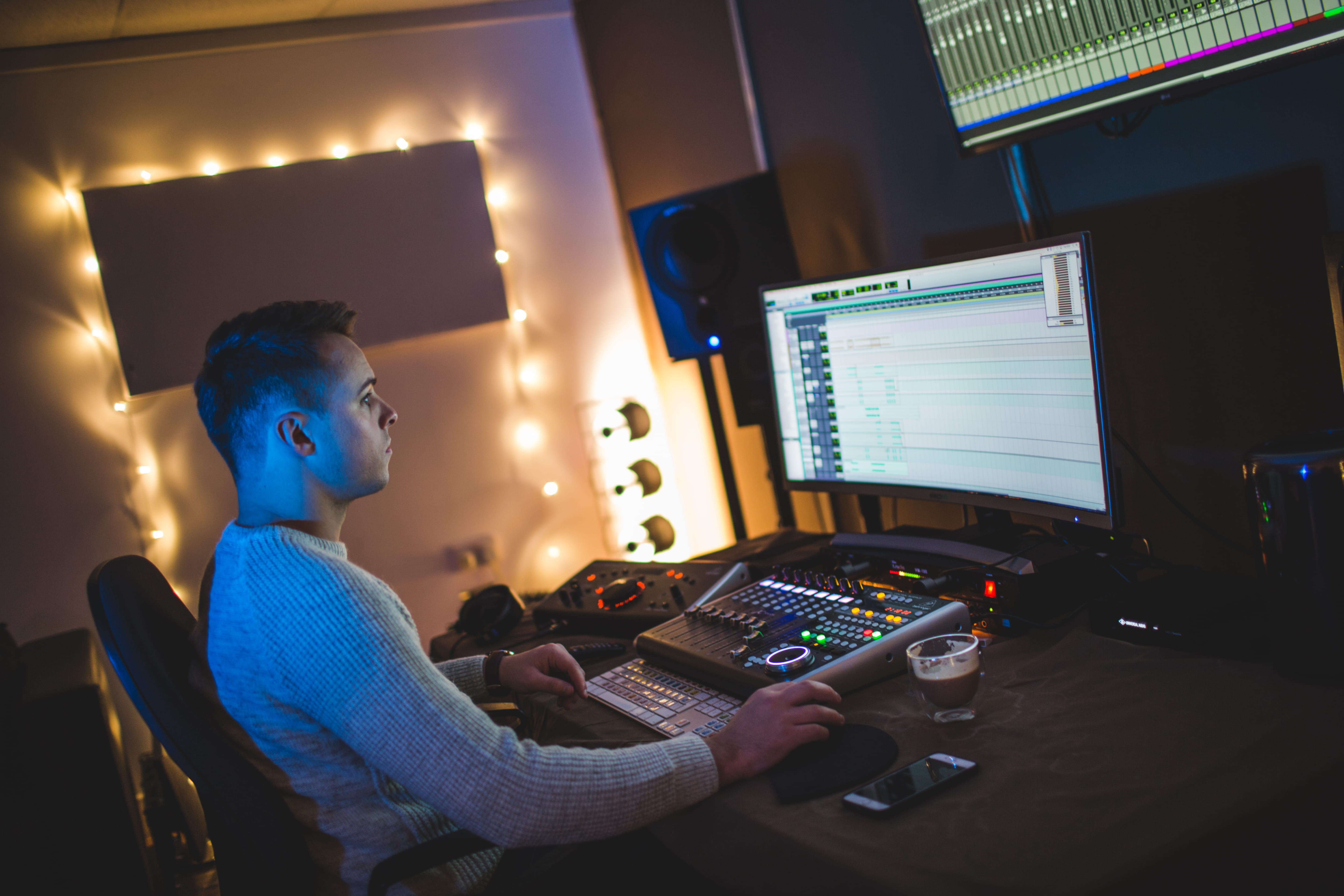 furniture, sound engineer, arts culture and entertainment, sitting, computer equipment, studio, 5K, connection, united kingdom, working, communication, HD Wallpaper