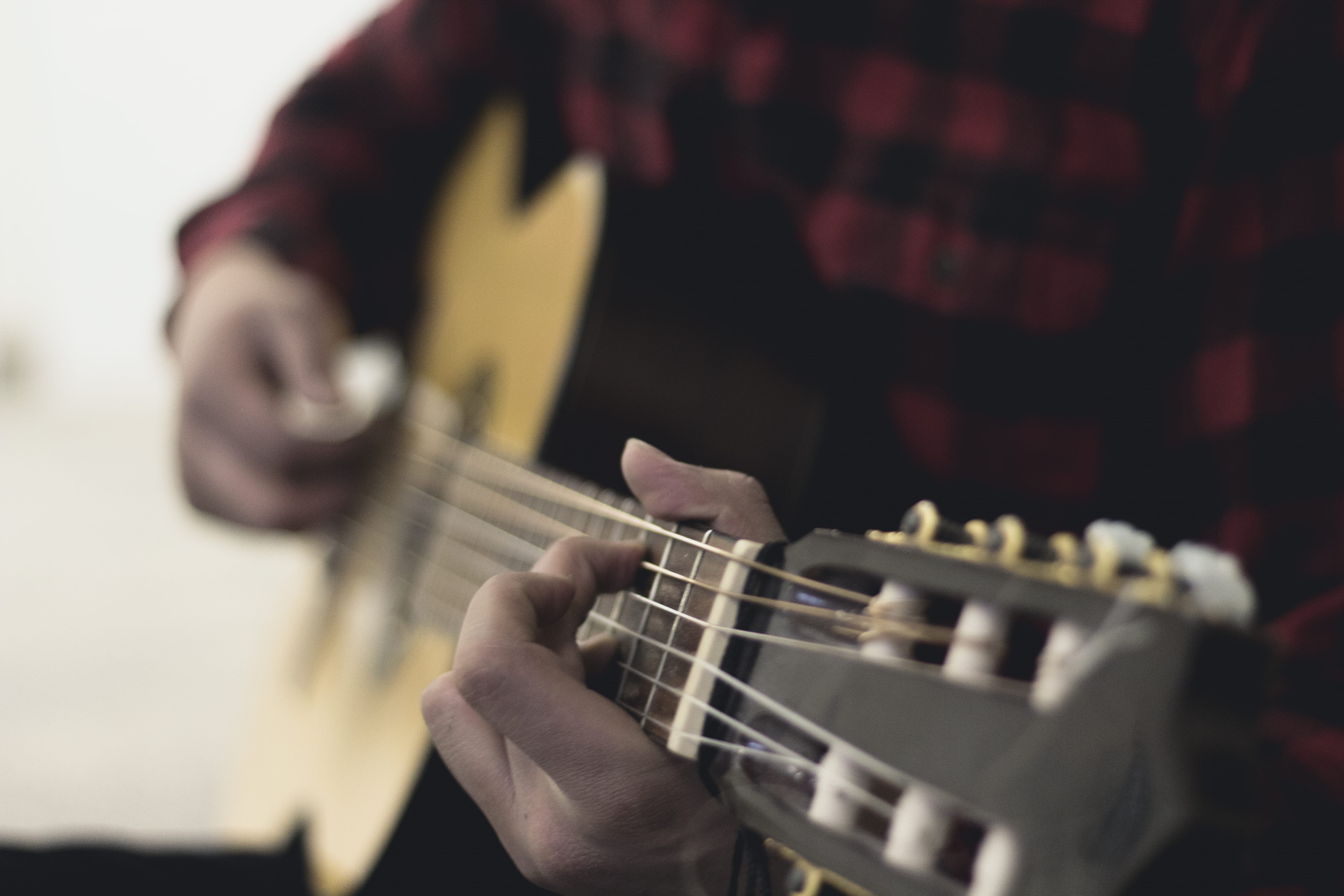 acoustic guitar, melody, song, music, rock music, flannel, musical instrument, hand, men, musical equipment, musician, holding, artist, string instrument, HD Wallpaper
