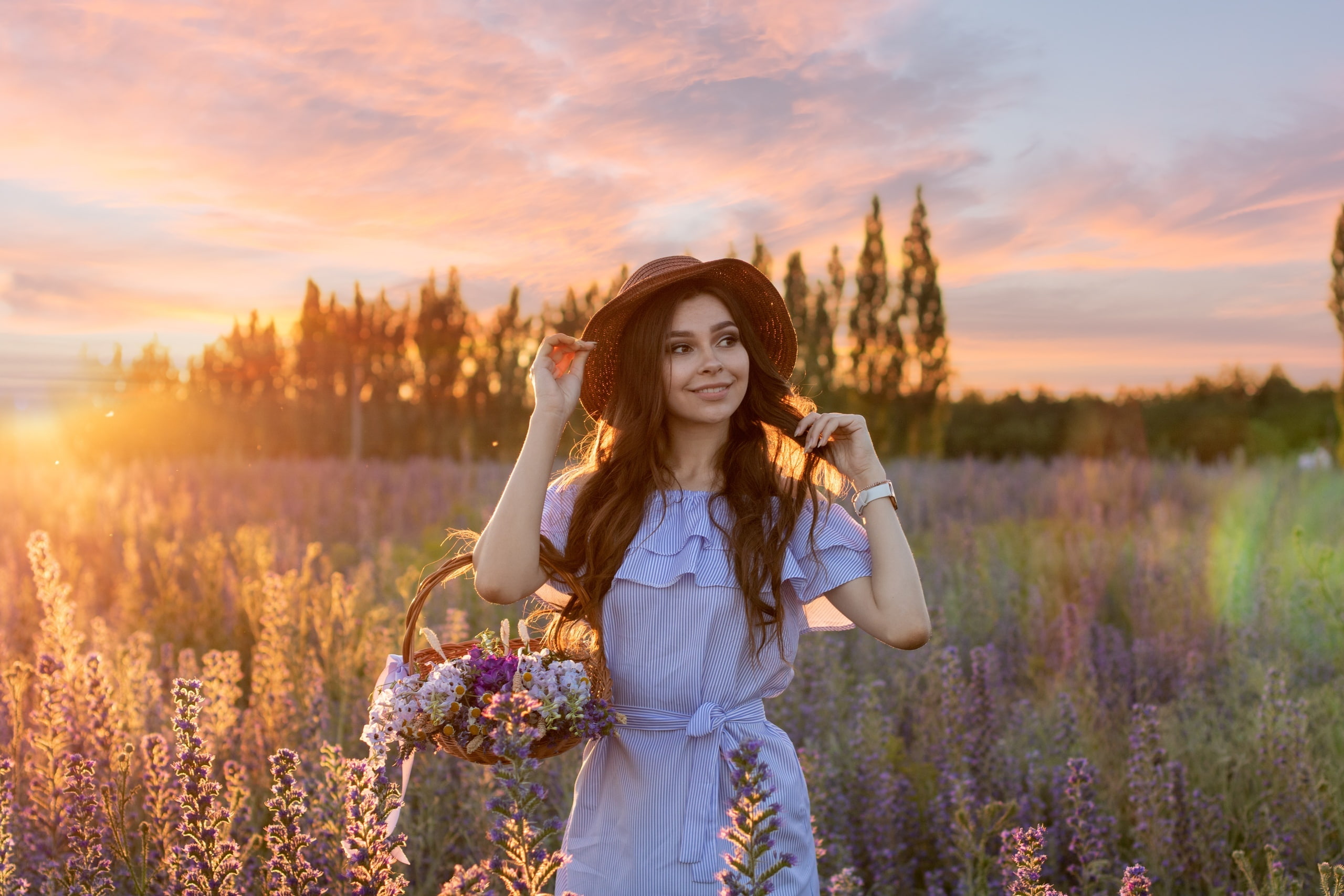 young women, sunset, women with hats, lifestyles, portrait, standing, flowering plant, dress, looking away, outdoors, 2K, leisure activity, fashion, straw hat, HD Wallpaper