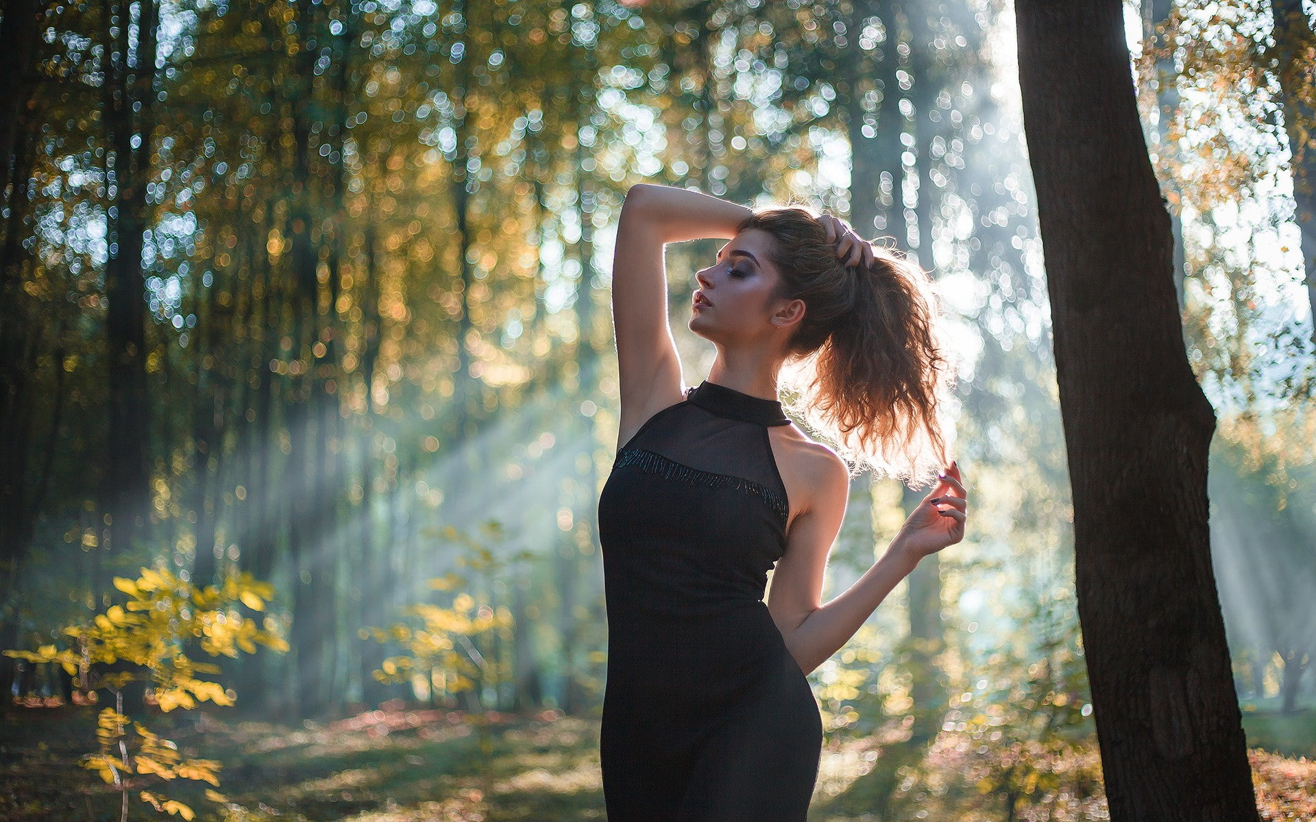 1080P, tree, long hair, lifestyles, outdoors, real people, trunk, young women, young adult, black dress, women outdoors, beauty, land, leisure activity, HD Wallpaper