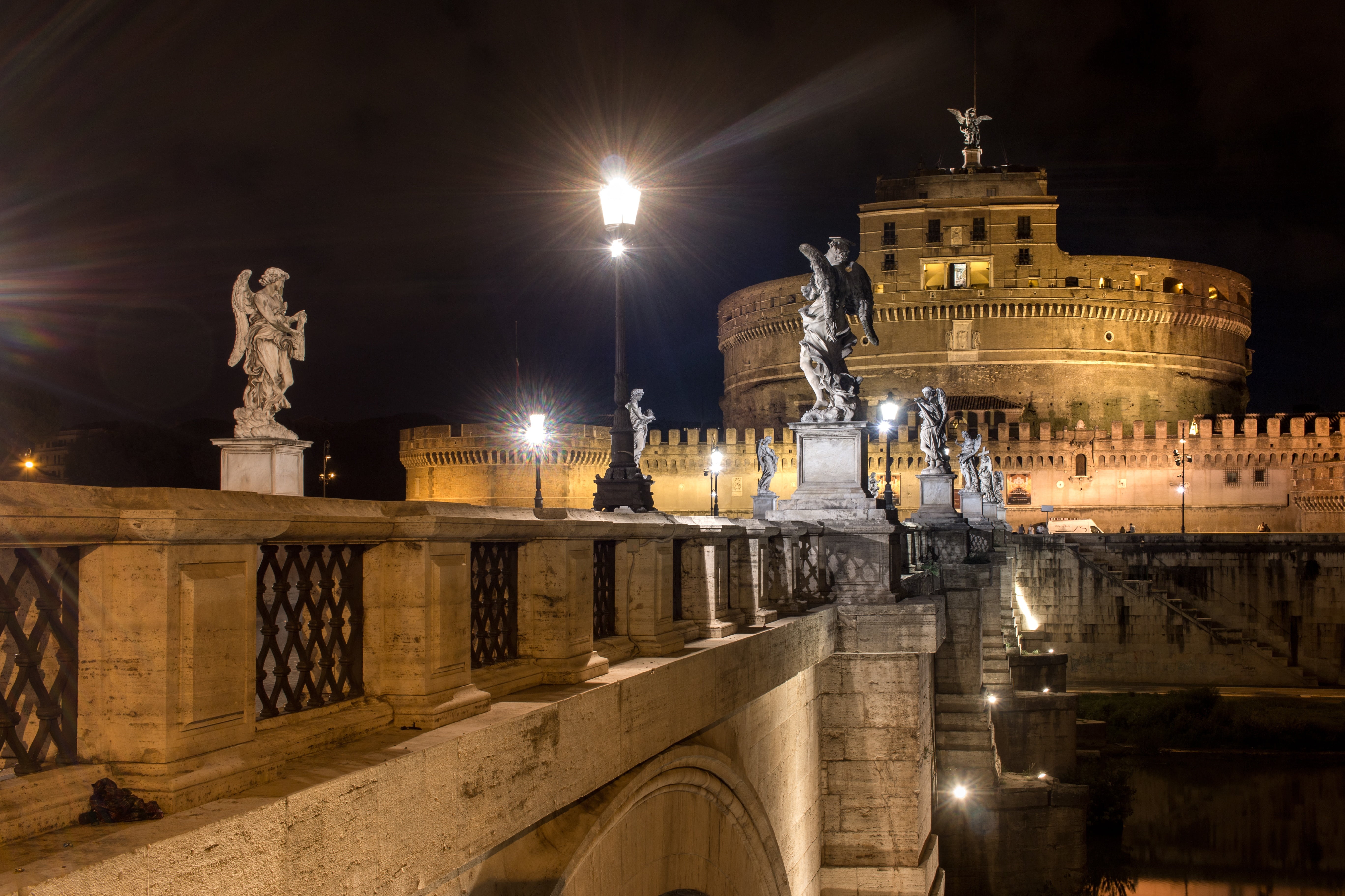 street light, water, architecture, castel santangelo, italy, roman, illuminated, outdoors, history, sky, nighttime, st peters basilica, mirroring, moon, HD Wallpaper