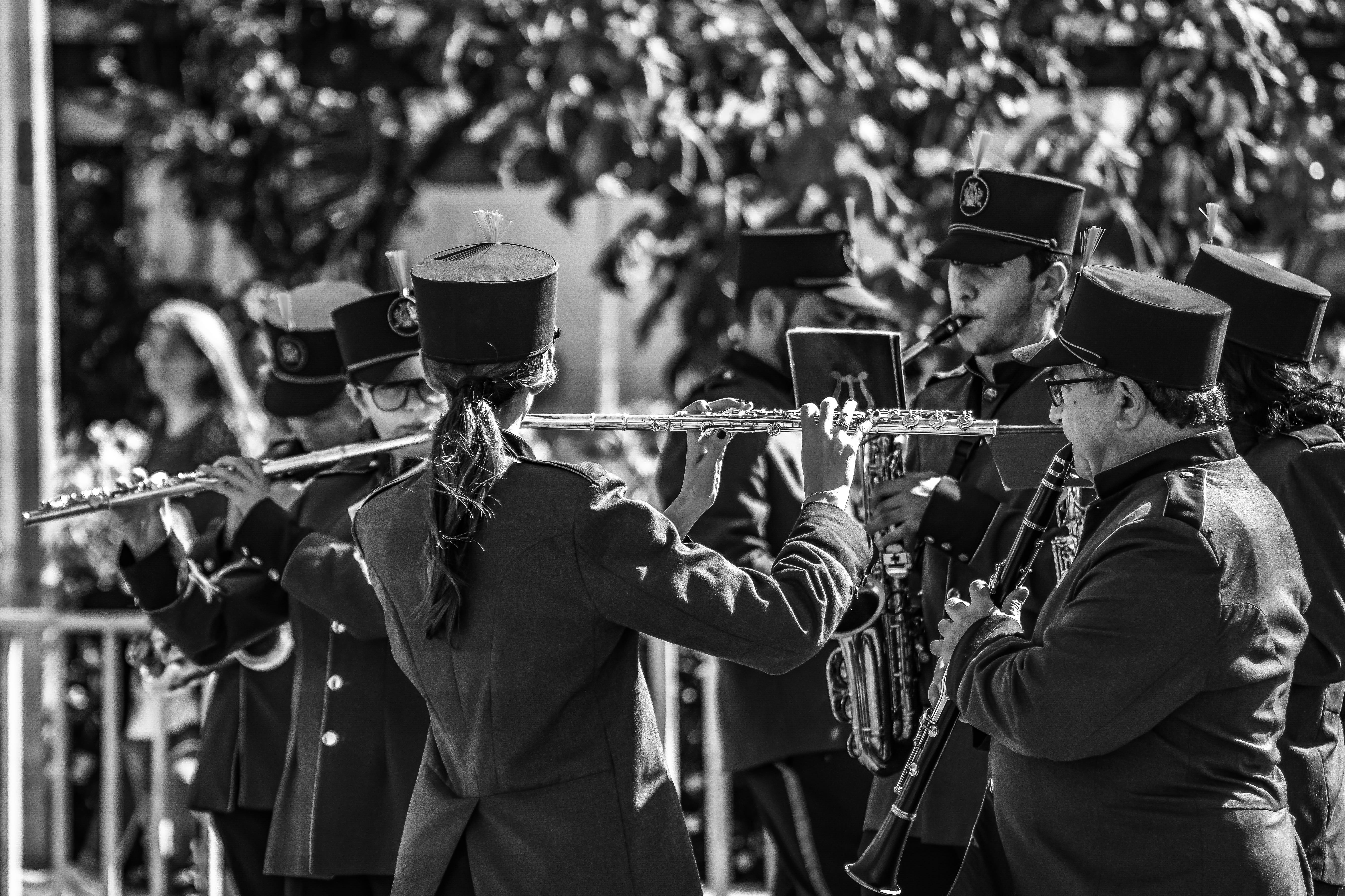 uniform, military uniform, band, armed forces, wind instruments, brass, performance, clothing, practising, marching band, government, hat, black and white, HD Wallpaper