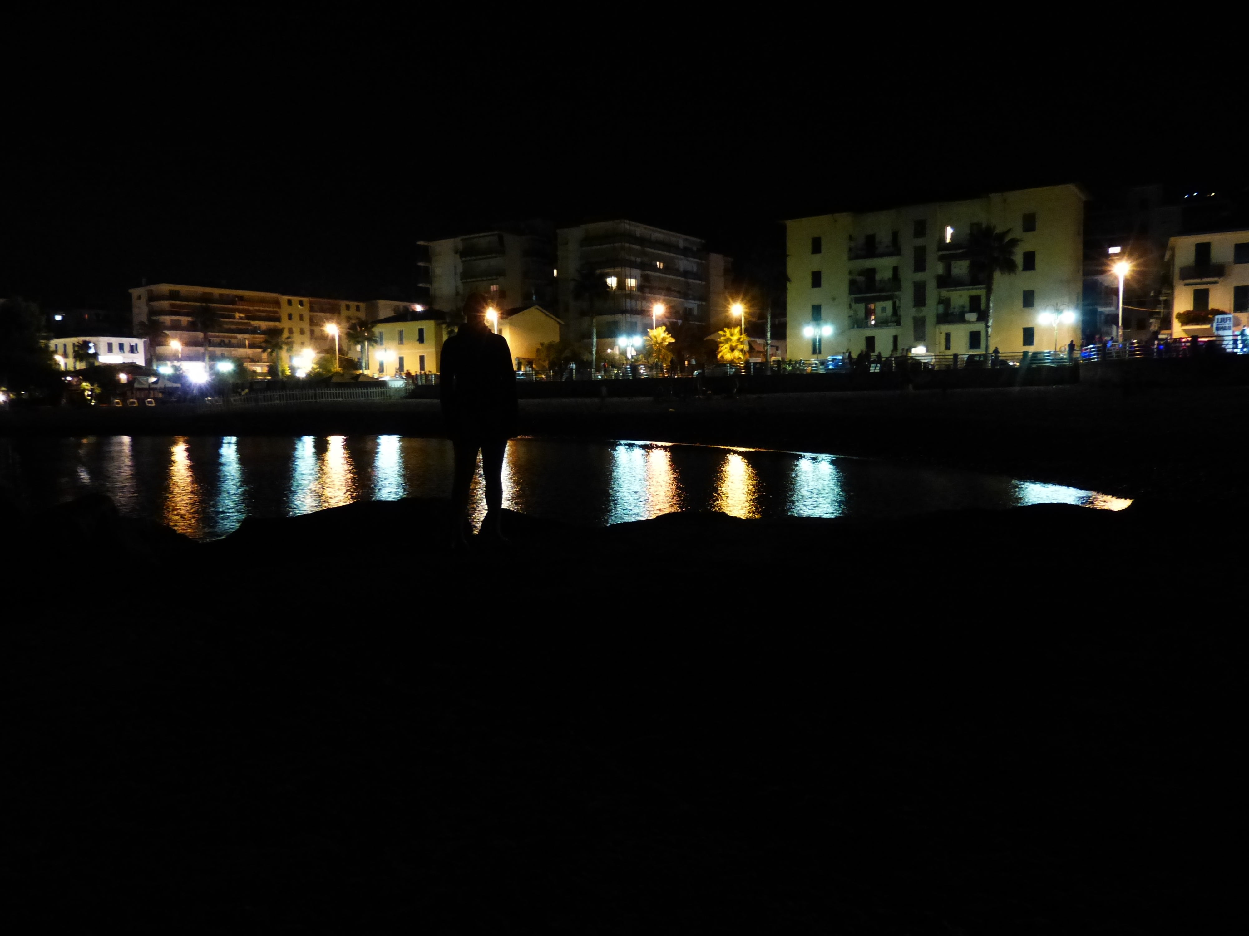 at night, ventimiglia, street, 4K, lights, nature, illuminated, one person, street light, sea shore, city life, transportation, beach, built structure, HD Wallpaper