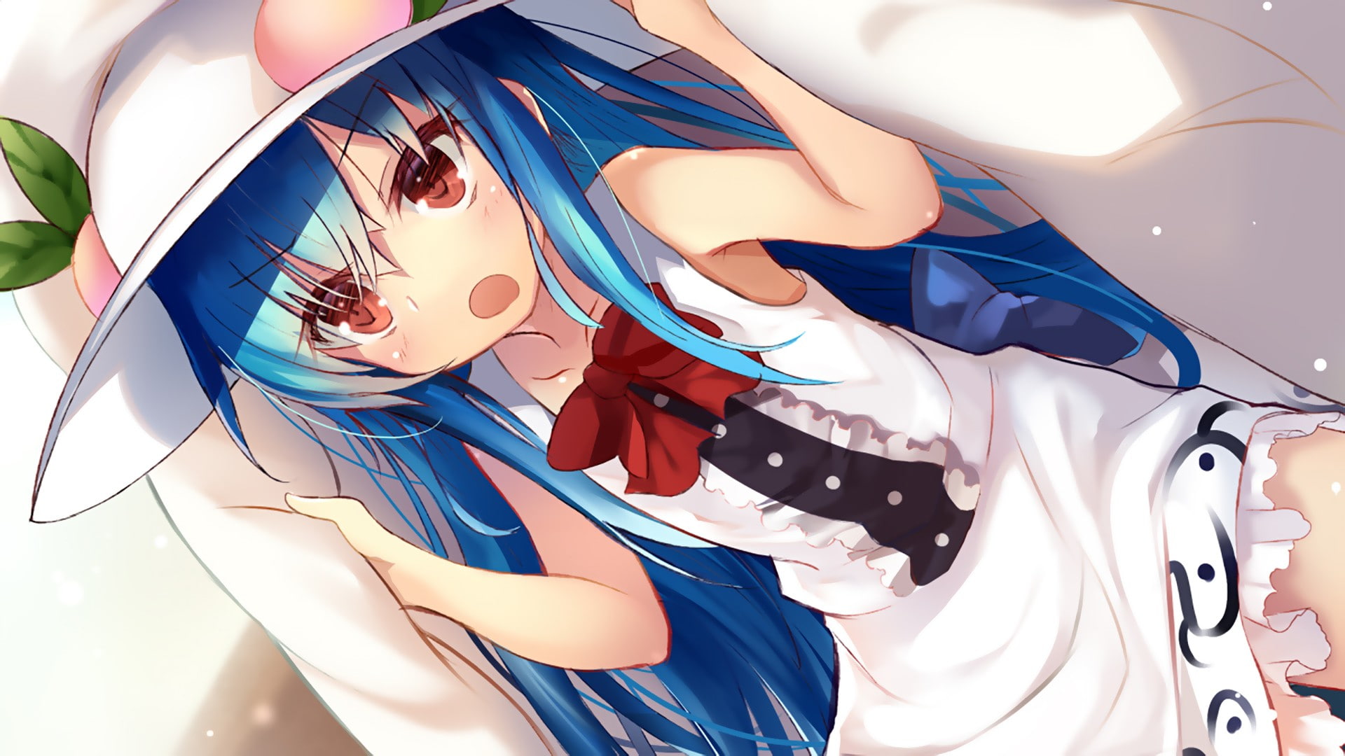 blue hair, dress, anime, 1080P, anime girls, sun hats, HD Wallpaper