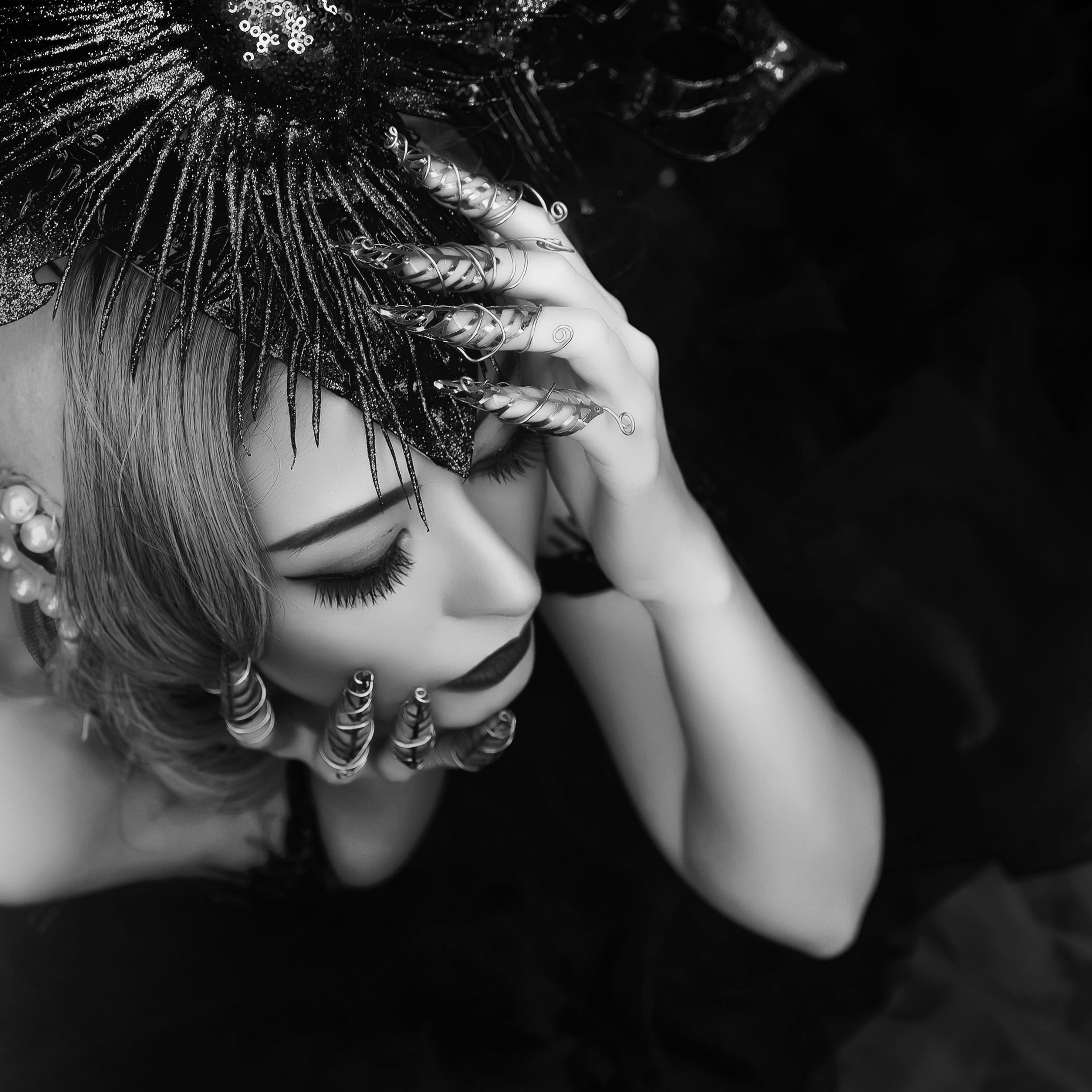 lifestyles, black and white, focus on foreground, indoors, face, human face, beautiful, bangs, woman, grayscale, leisure activity, pose, holding, girl, Phone HD Wallpaper