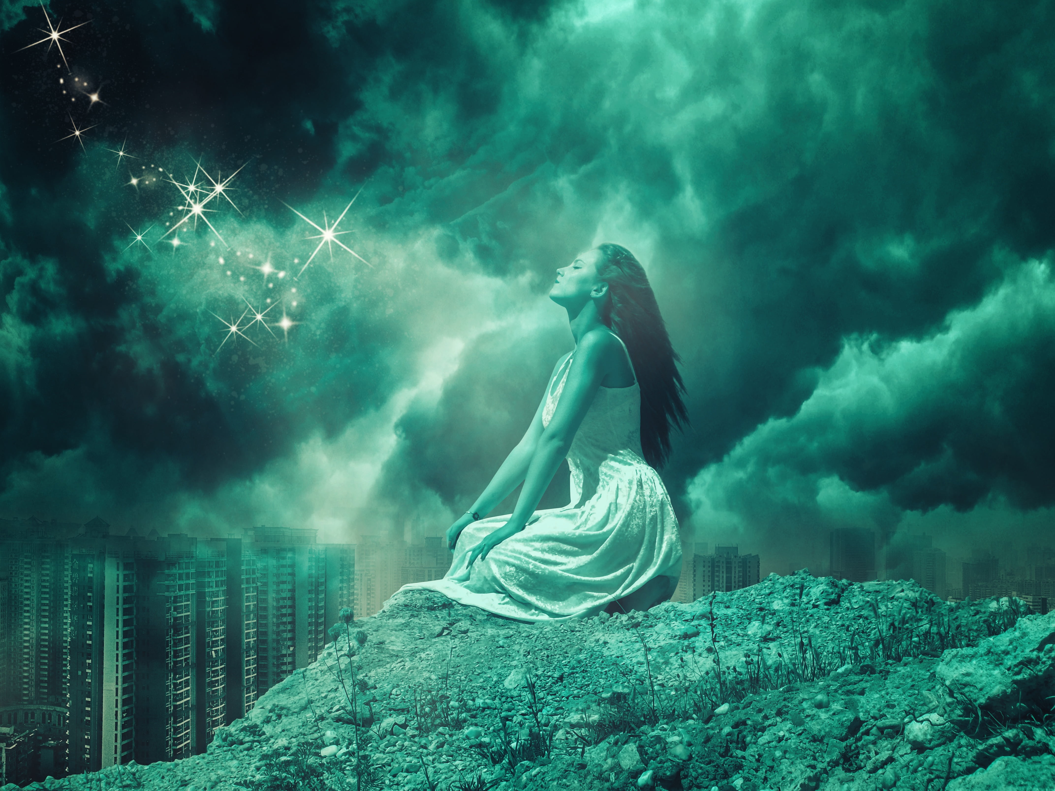 beautiful woman, top, hairstyle, 4K, woman, cloud - sky, outdoors, wind, pray, digital composite, beautiful people, young adult, mystery, clouds, spaghetti, HD Wallpaper