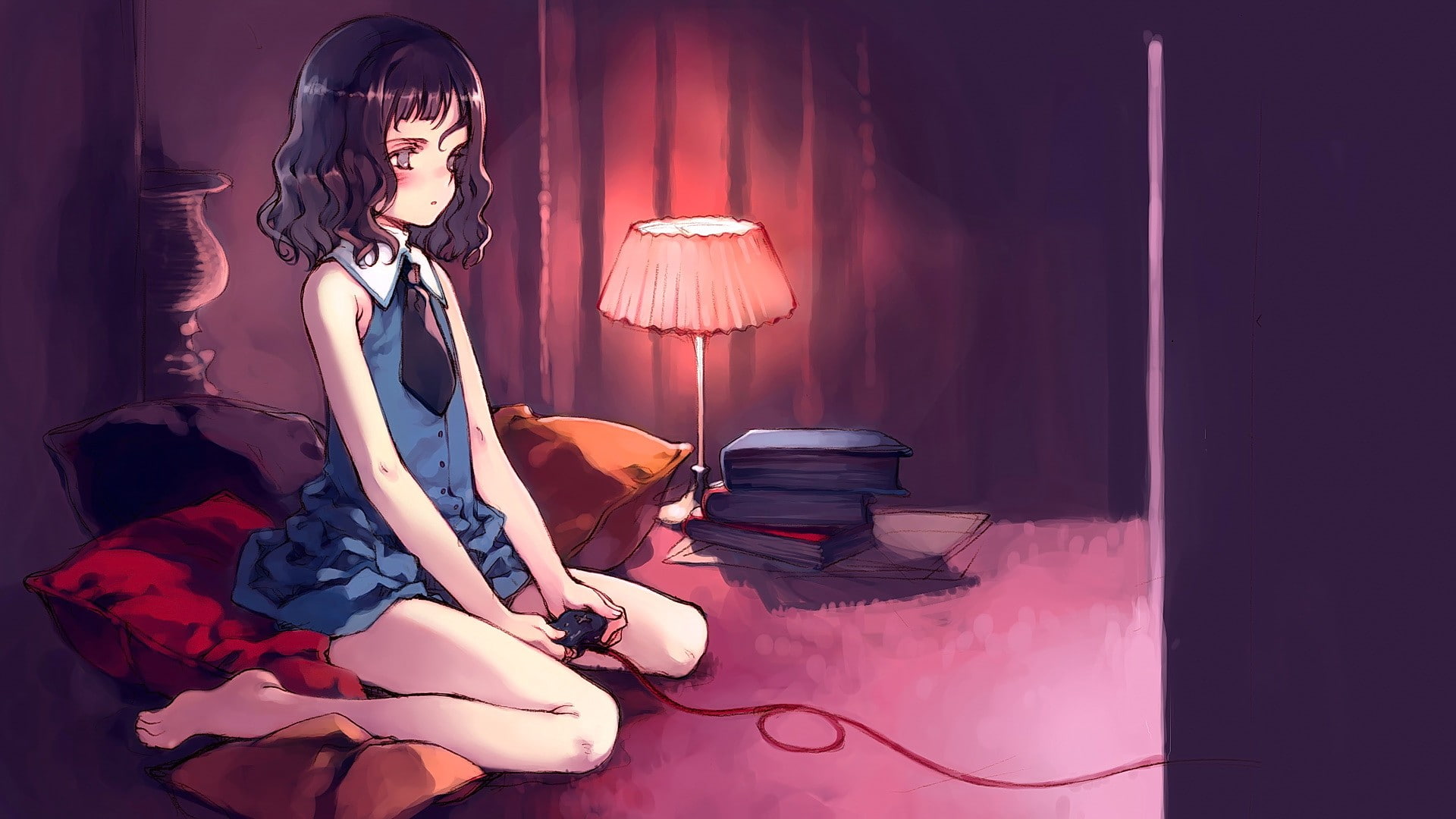 anime, sitting, anime girls, gray eyes, short hair, video games, brunette, 1080P, HD Wallpaper