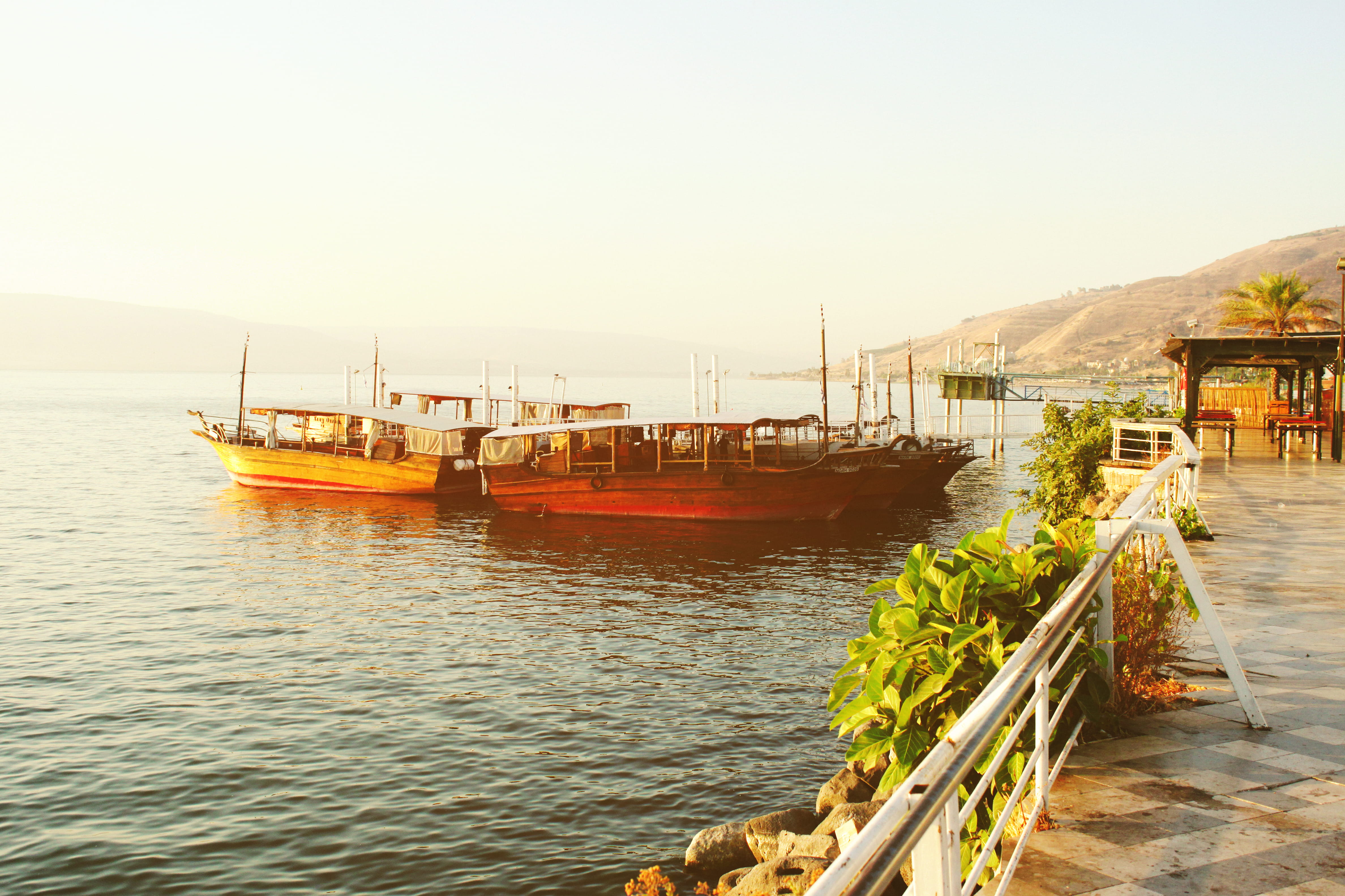 lake, israel, waterfront, fishing industry, sea, moored, outdoors, sky, water, nautical vessel, travel, boats, copy space, no people, architecture, 4K, HD Wallpaper