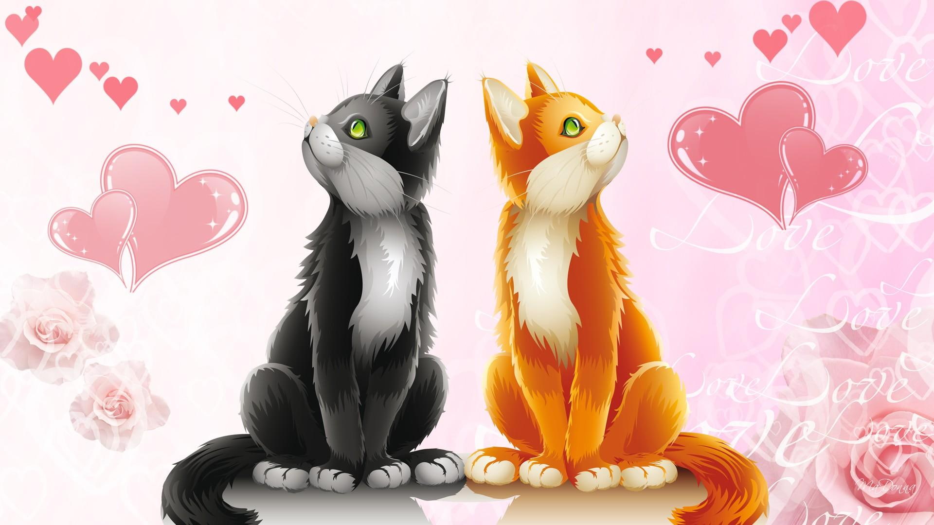 cute, animals, valentines day, 1080P, whimiscal, kittens, kitty, love, hearts, cats, valentine, feline, HD Wallpaper