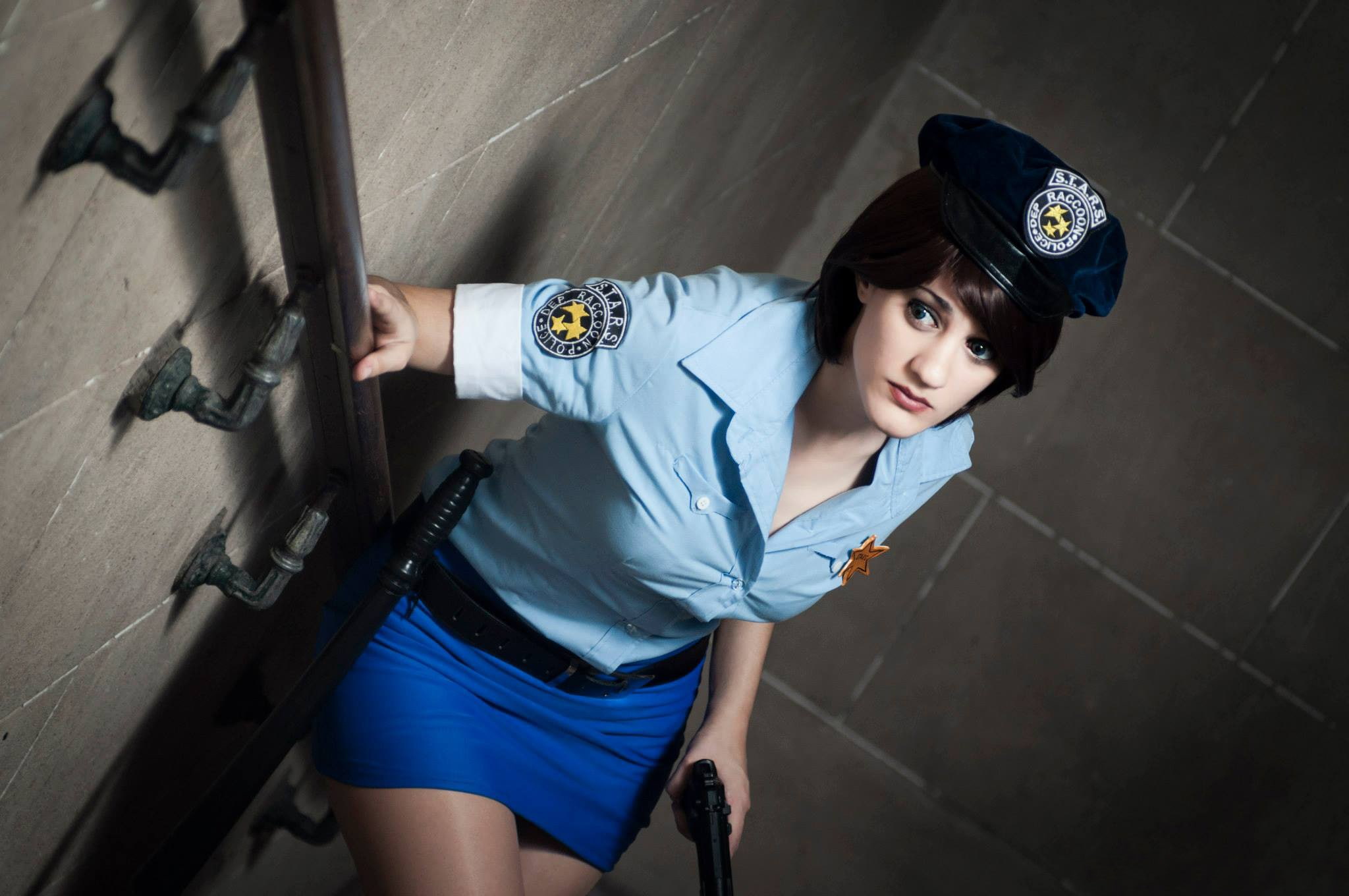 brunette, 1080P, women, cosplay, lips, police, looking away, Resident Evil, eyes, HD Wallpaper