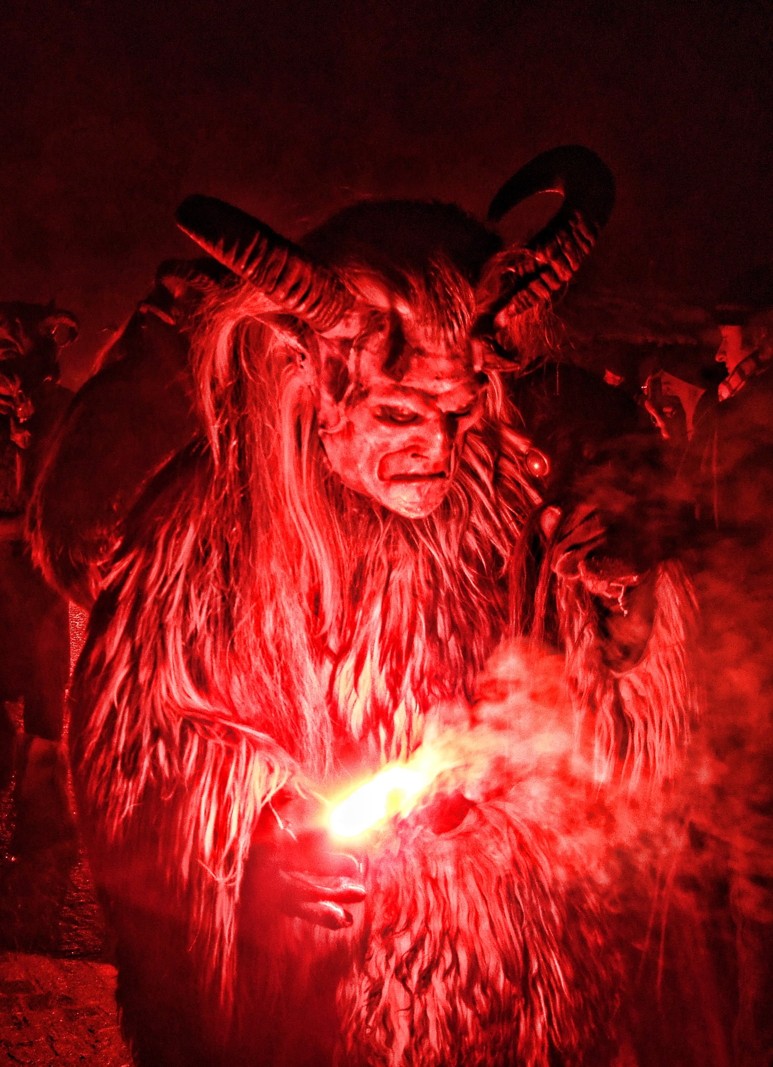 close-up, fire, 1080P, fear, demon, mystical, horned, celebration, twelfth night, motion, spooky, night, mammal, monster, red, creepy, one animal, face, Phone HD Wallpaper