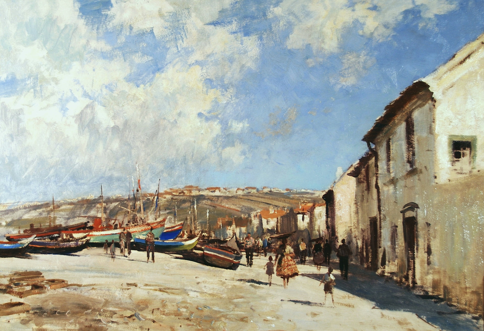 street, Nazare. Portugal, picture, the urban landscape, home, 1080P, Edward Seago, people, HD Wallpaper