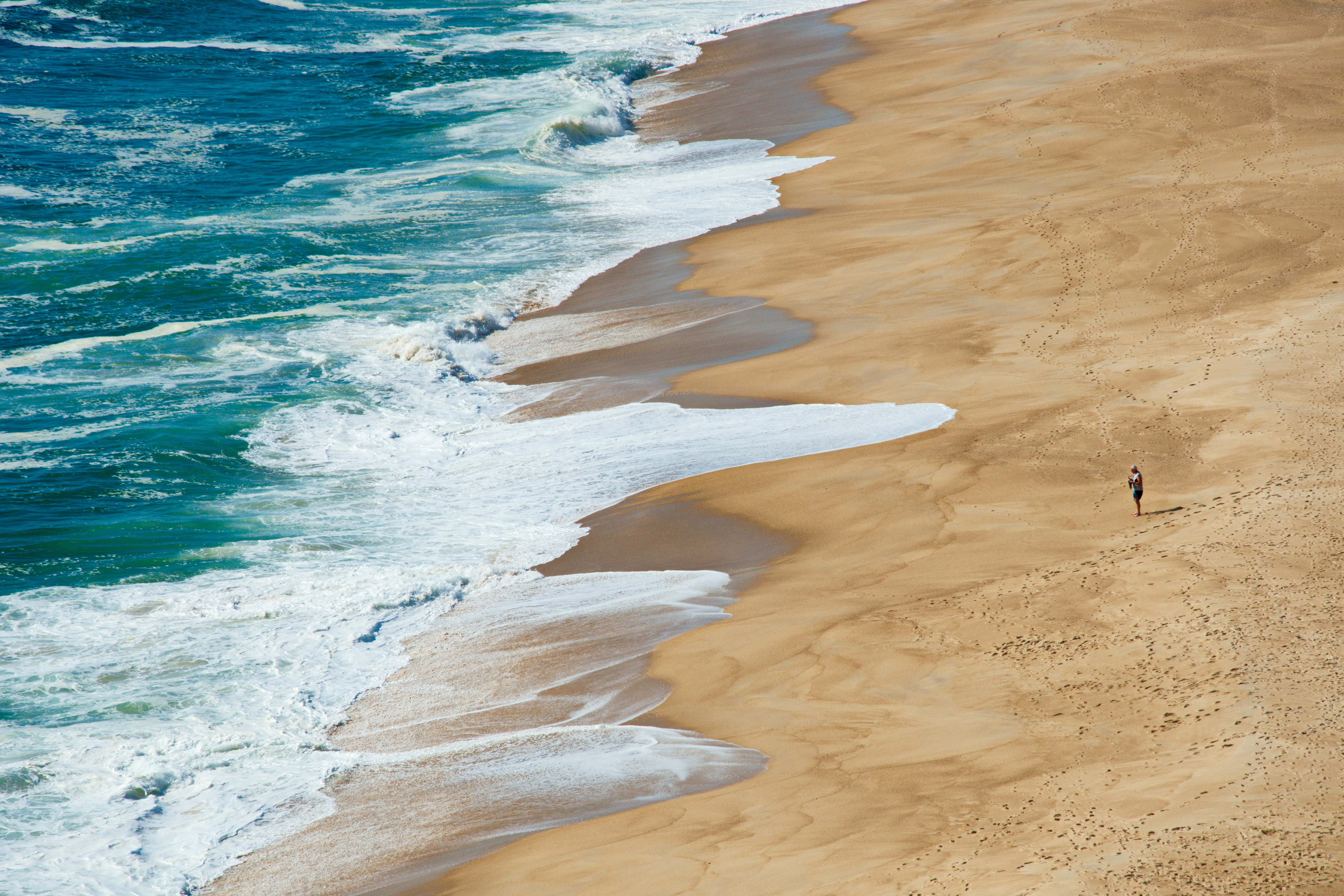 portugal, beauty in nature, aquatic sport, walking, water, 5K, blue, sand, atlanticocean, wafe, high angle view, nature, shore, motion, day, atlantic, HD Wallpaper