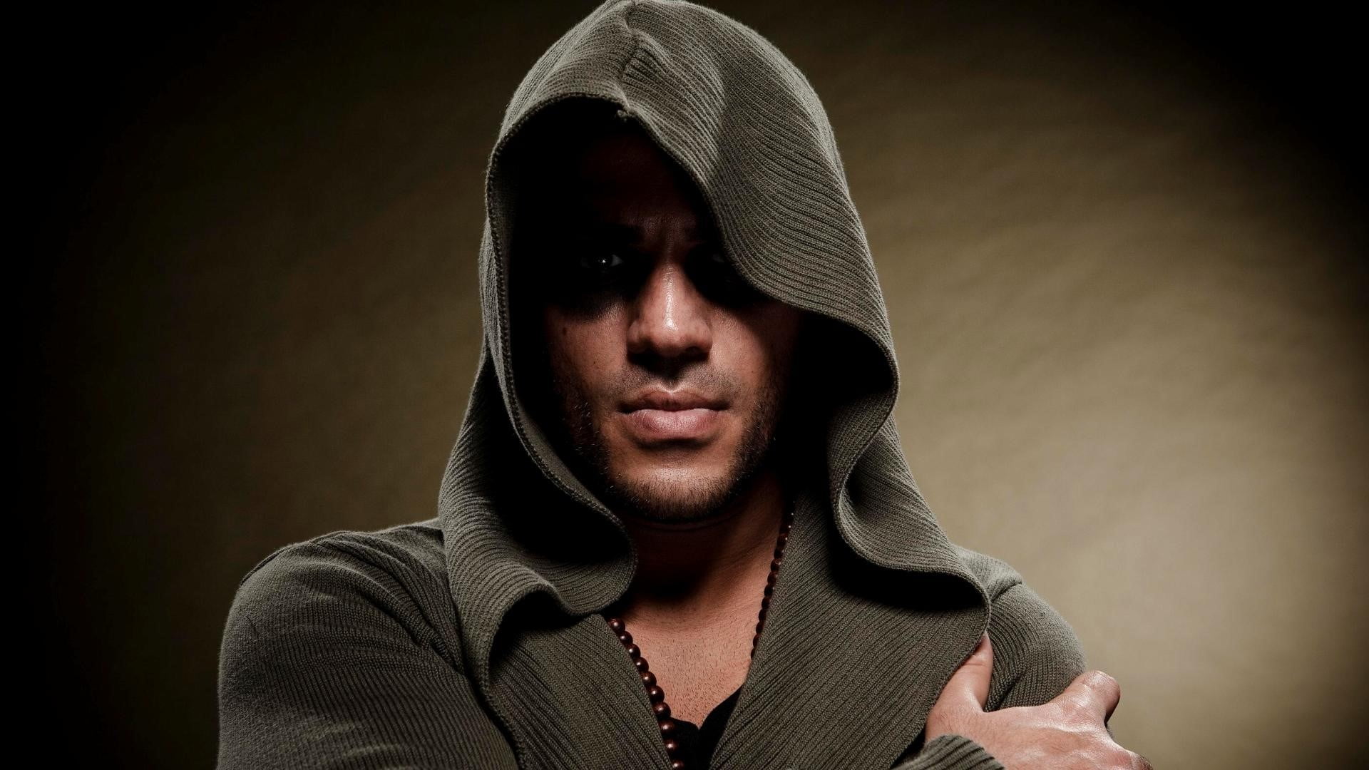 Hood, hairstyle, headshot, serious, 1080P, clothing, Nazar, hooded shirt, young adult, contemplation, portrait, black background, adult, Bristle, young men, HD Wallpaper