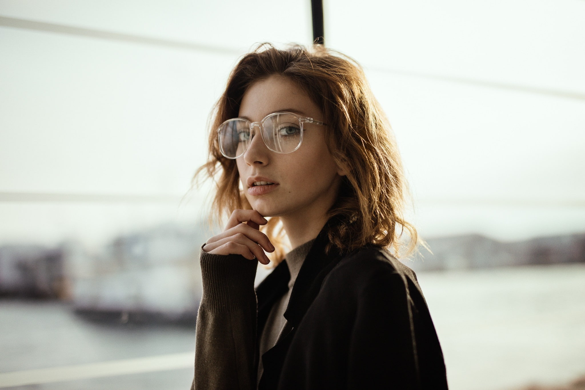 glasses, women, model, blue eyes, looking at viewer, women with glasses, brunette, 1080P, HD Wallpaper